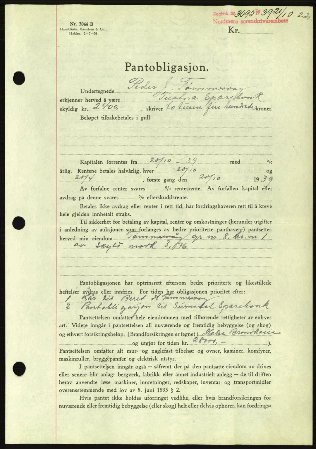 Nordmøre sorenskriveri, AV/SAT-A-4132/1/2/2Ca: Mortgage book no. B86, 1939-1940, Diary no: : 3095/1939