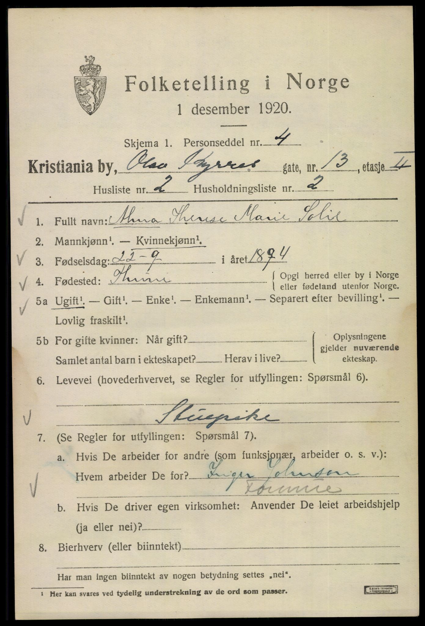 SAO, 1920 census for Kristiania, 1920, p. 432835