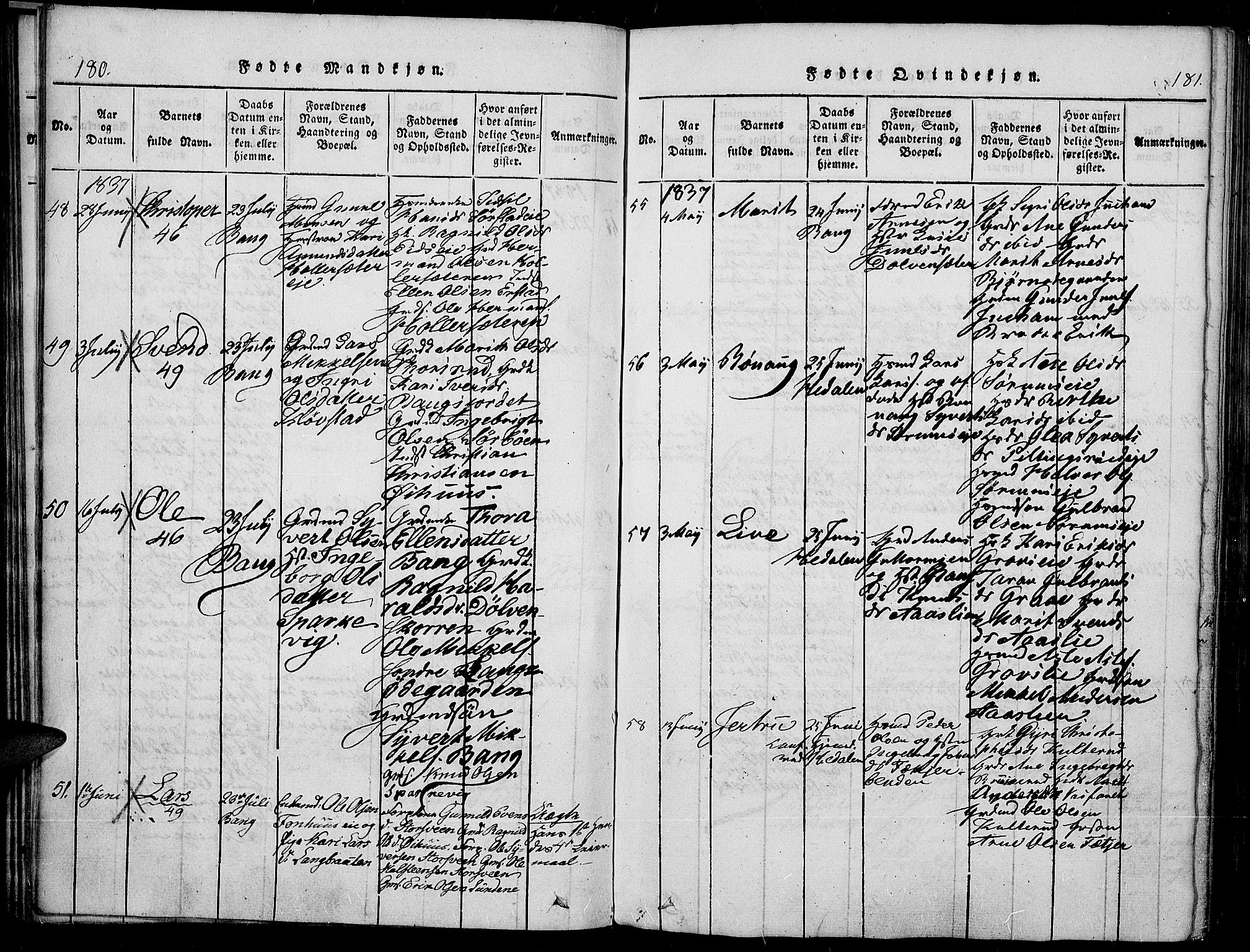 Sør-Aurdal prestekontor, SAH/PREST-128/H/Ha/Haa/L0003: Parish register (official) no. 3, 1825-1840, p. 180-181
