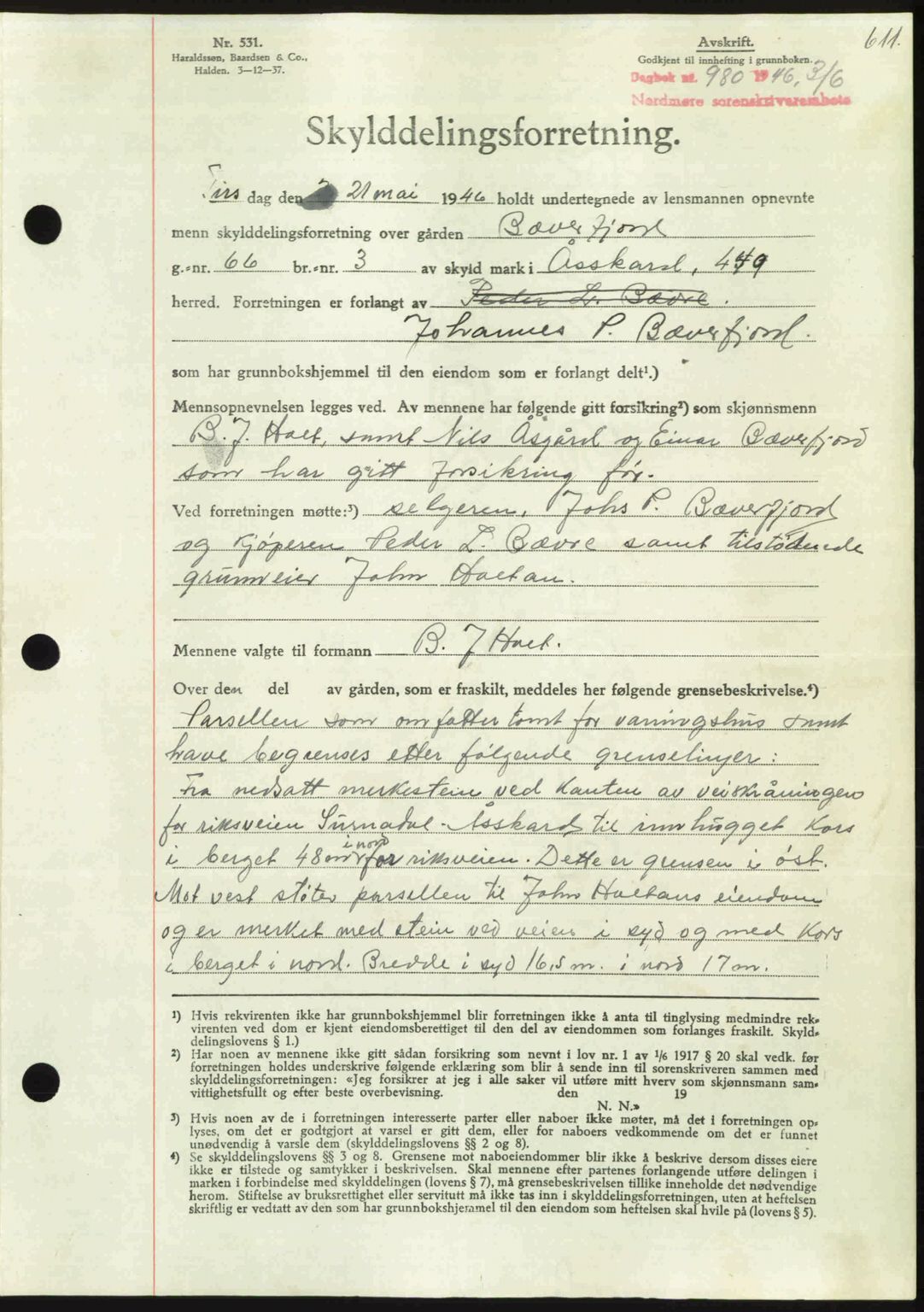 Nordmøre sorenskriveri, AV/SAT-A-4132/1/2/2Ca: Mortgage book no. A101, 1946-1946, Diary no: : 980/1946