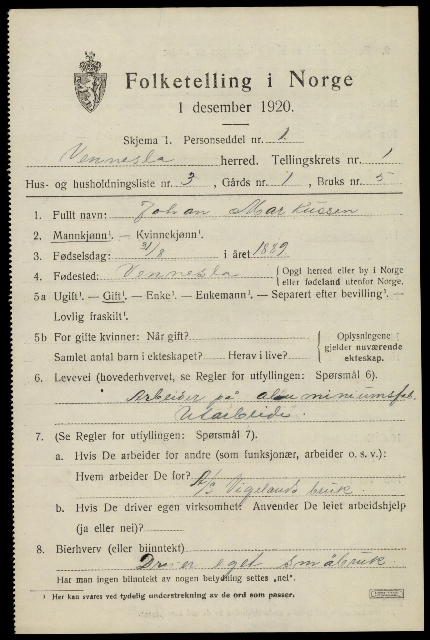 SAK, 1920 census for Vennesla, 1920, p. 956