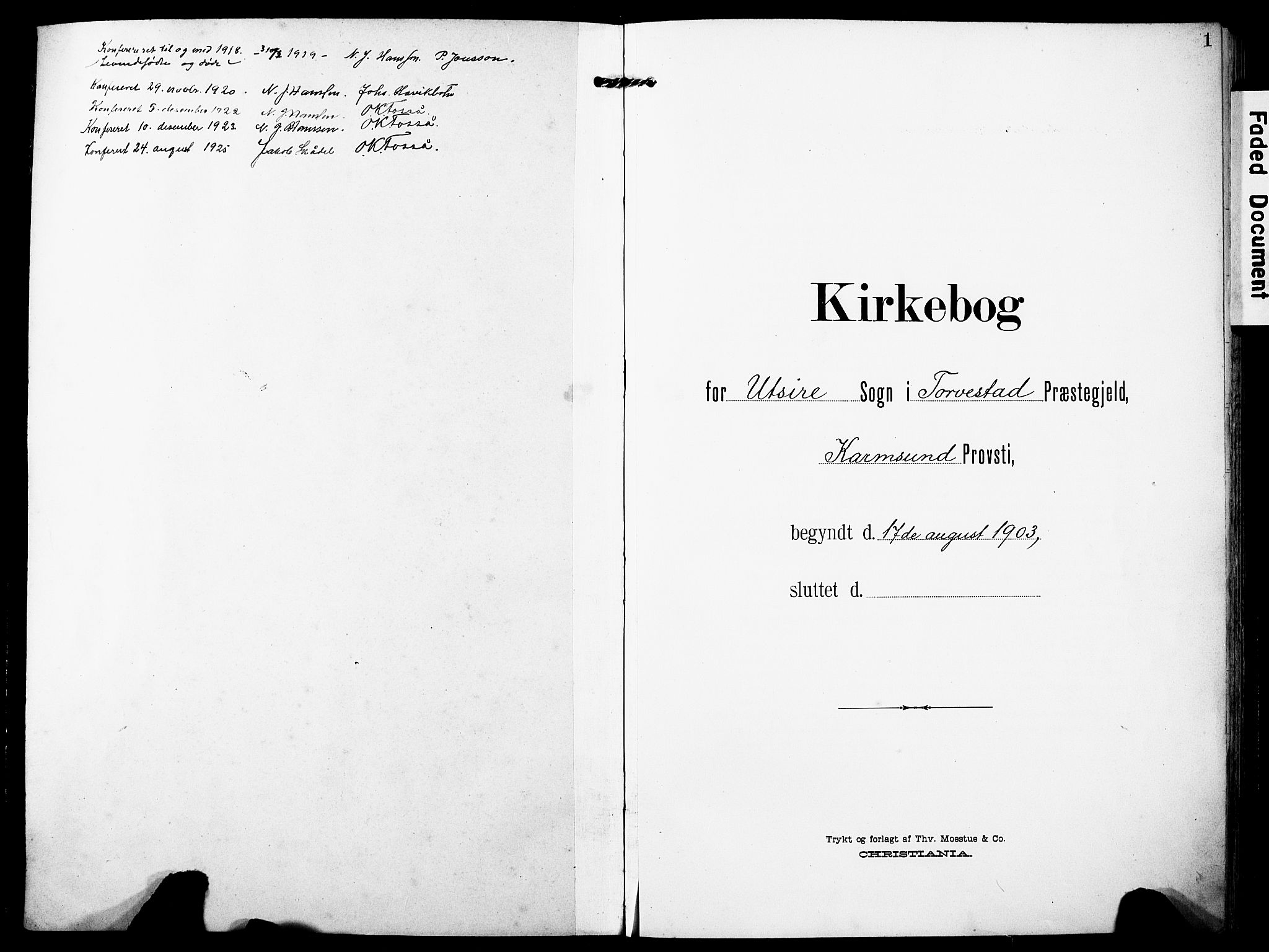 Torvastad sokneprestkontor, SAST/A -101857/H/Ha/Haa/L0018: Parish register (official) no. A 17, 1903-1925, p. 1