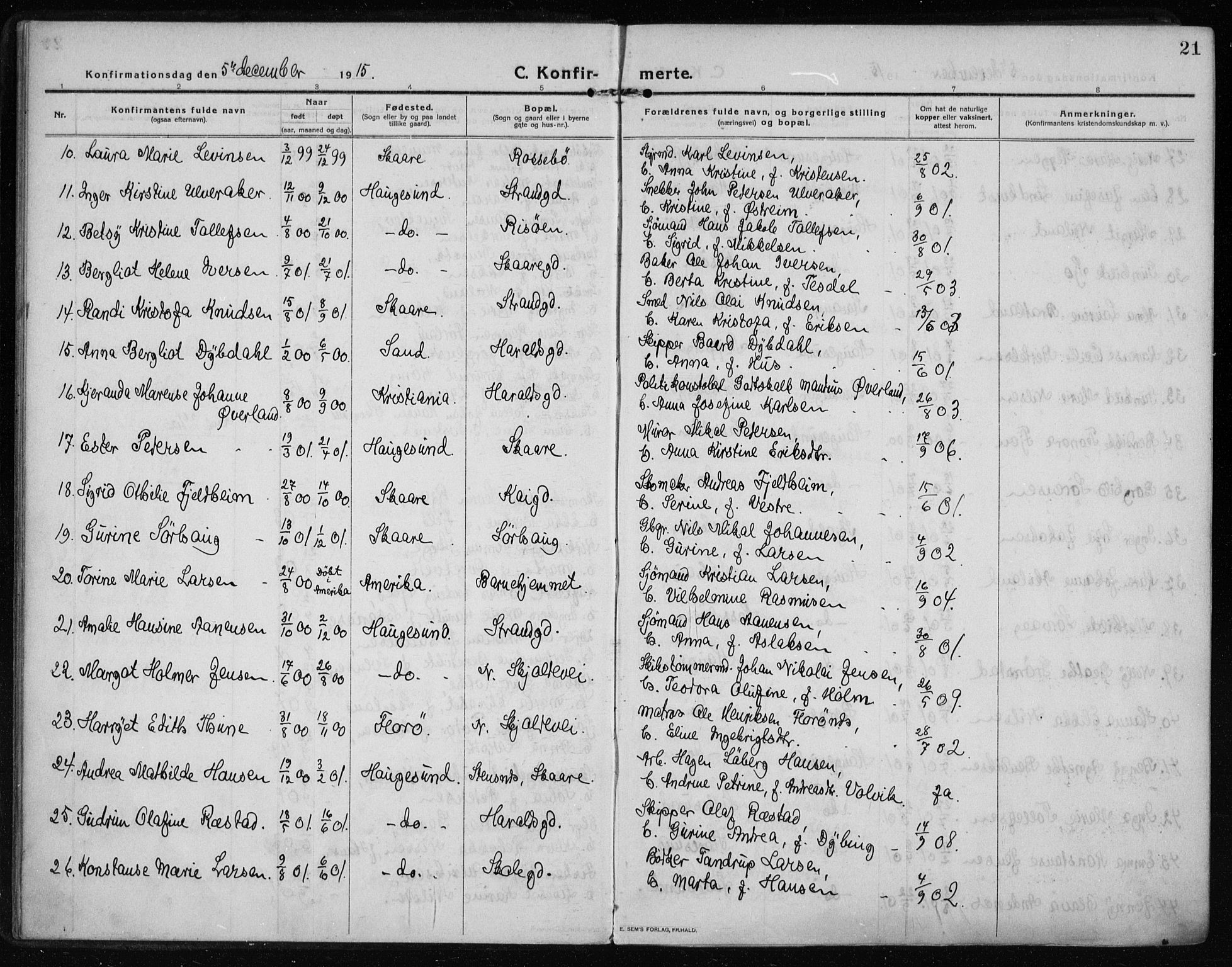 Haugesund sokneprestkontor, AV/SAST-A -101863/H/Ha/Haa/L0009: Parish register (official) no. A 9, 1914-1929, p. 21