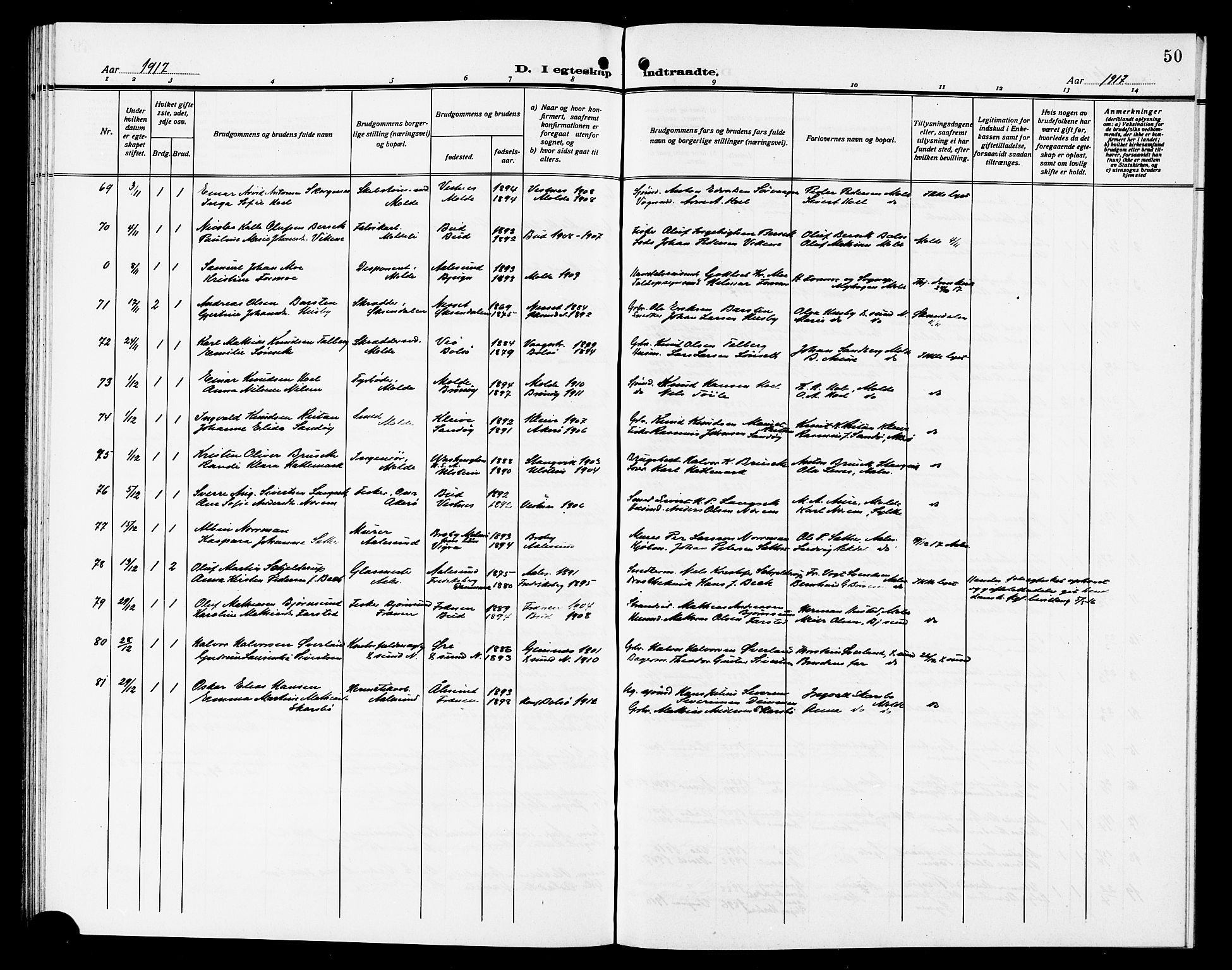 Ministerialprotokoller, klokkerbøker og fødselsregistre - Møre og Romsdal, SAT/A-1454/558/L0703: Parish register (copy) no. 558C04, 1906-1921, p. 50