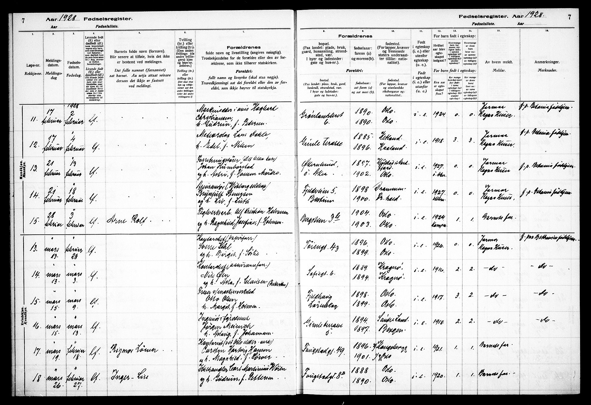 Gamle Aker prestekontor Kirkebøker, AV/SAO-A-10617a/J/L0002: Birth register no. 2, 1927-1935, p. 7