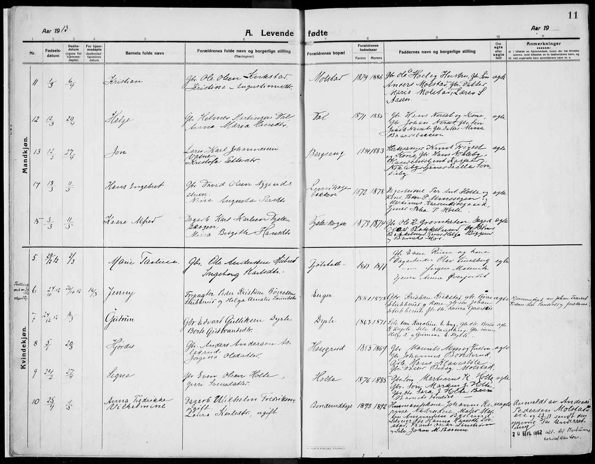 Kolbu prestekontor, AV/SAH-PREST-110/H/Ha/Haa/L0002: Parish register (official) no. 2, 1912-1926, p. 11