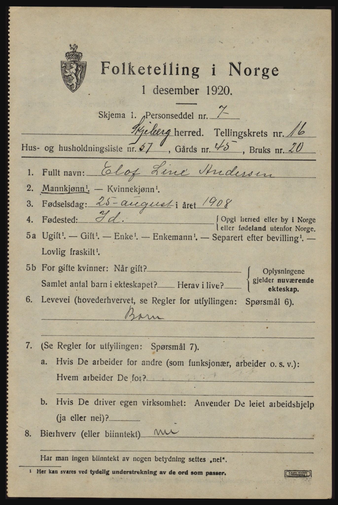 SAO, 1920 census for Skjeberg, 1920, p. 15599