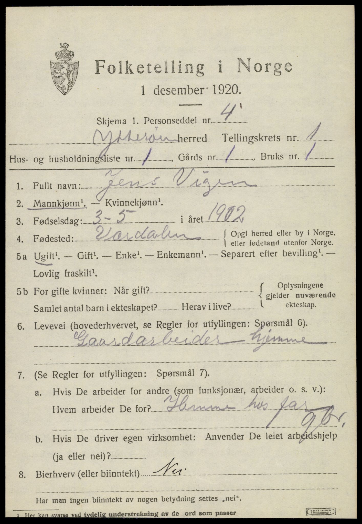 SAT, 1920 census for Ytterøy, 1920, p. 347