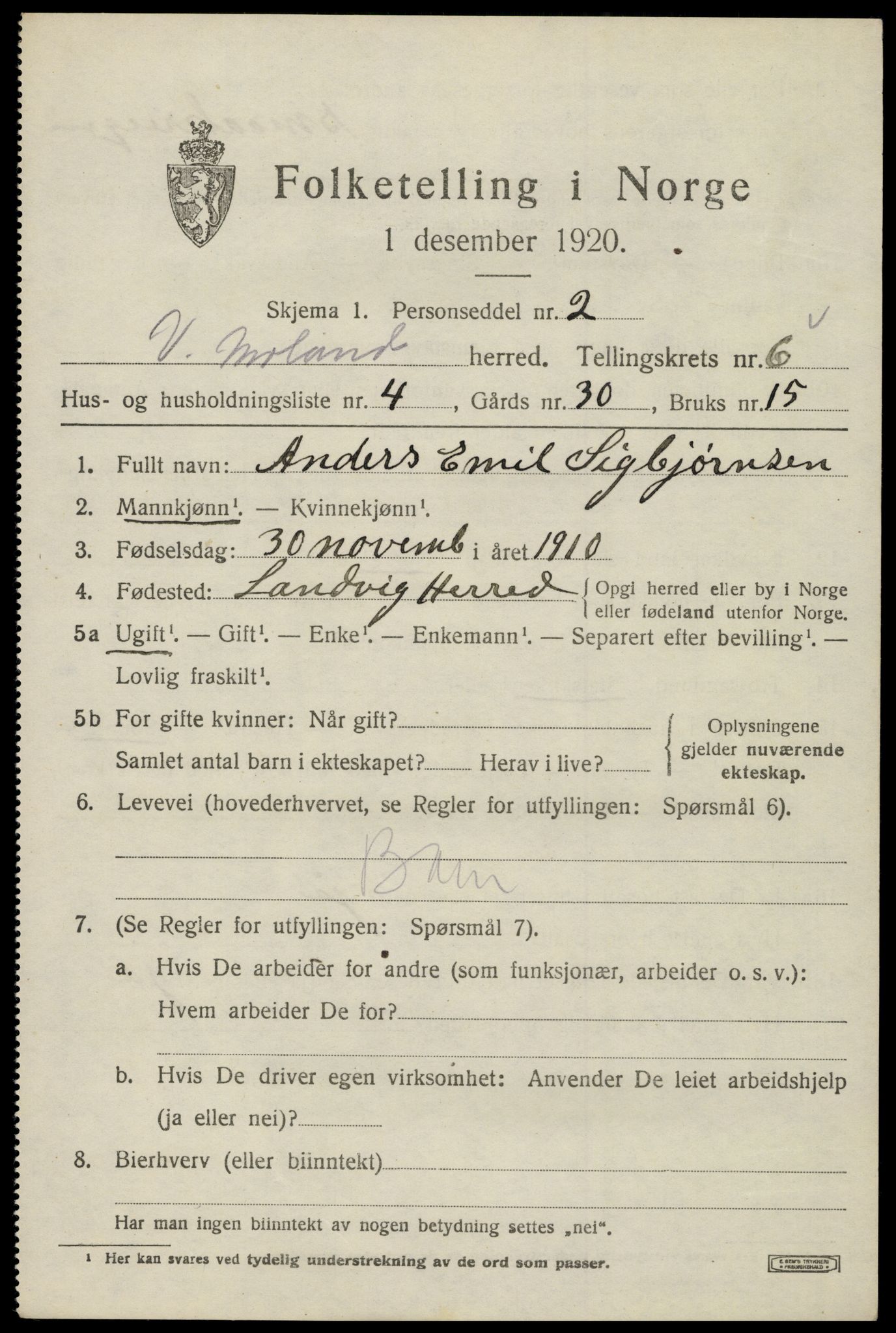 SAK, 1920 census for Vestre Moland, 1920, p. 4623
