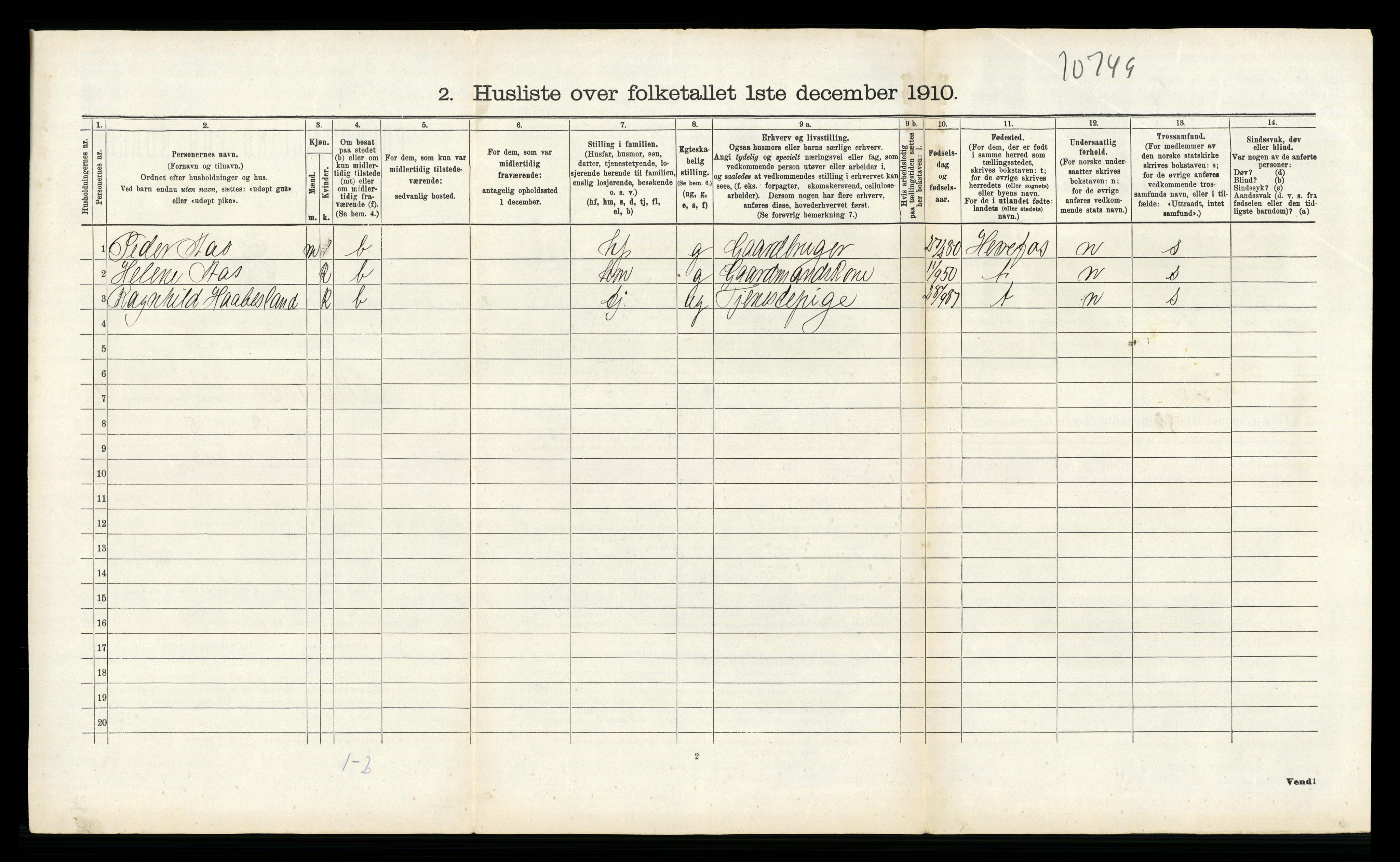 RA, 1910 census for Birkenes, 1910, p. 733