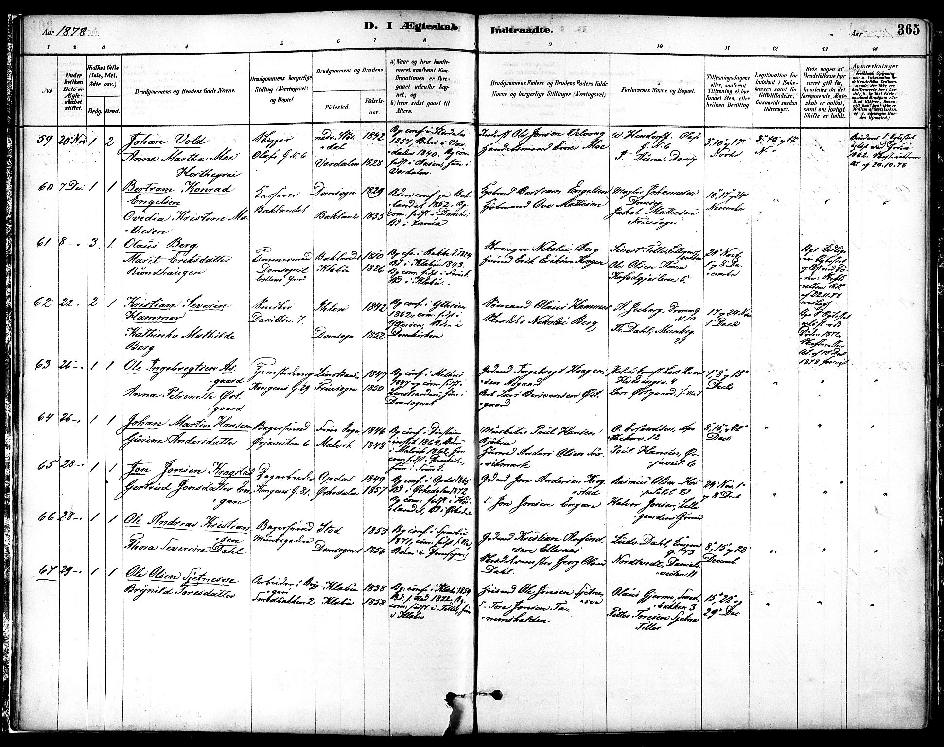 Ministerialprotokoller, klokkerbøker og fødselsregistre - Sør-Trøndelag, SAT/A-1456/601/L0058: Parish register (official) no. 601A26, 1877-1891, p. 365