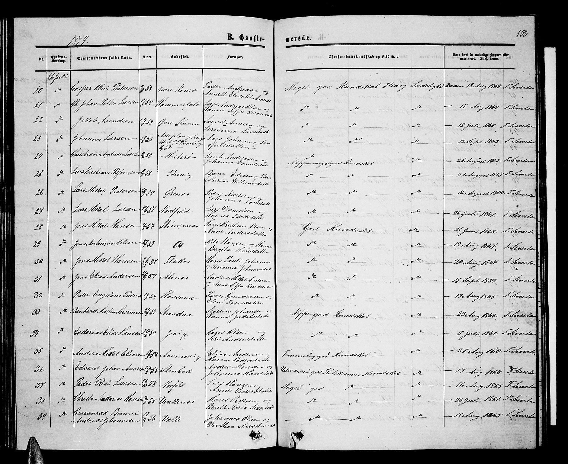 Ministerialprotokoller, klokkerbøker og fødselsregistre - Nordland, AV/SAT-A-1459/853/L0775: Parish register (copy) no. 853C03, 1859-1877, p. 153