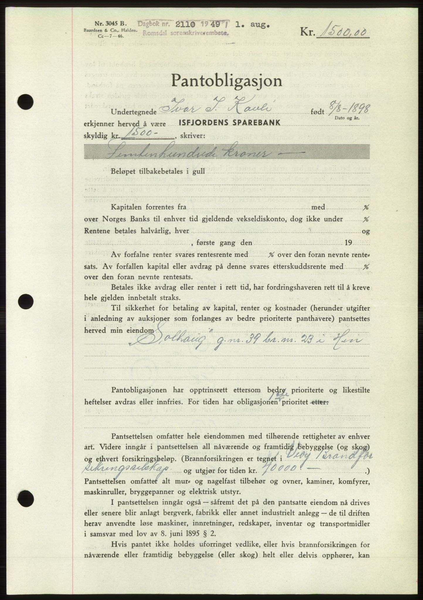 Romsdal sorenskriveri, AV/SAT-A-4149/1/2/2C: Mortgage book no. B4, 1948-1949, Diary no: : 2110/1949