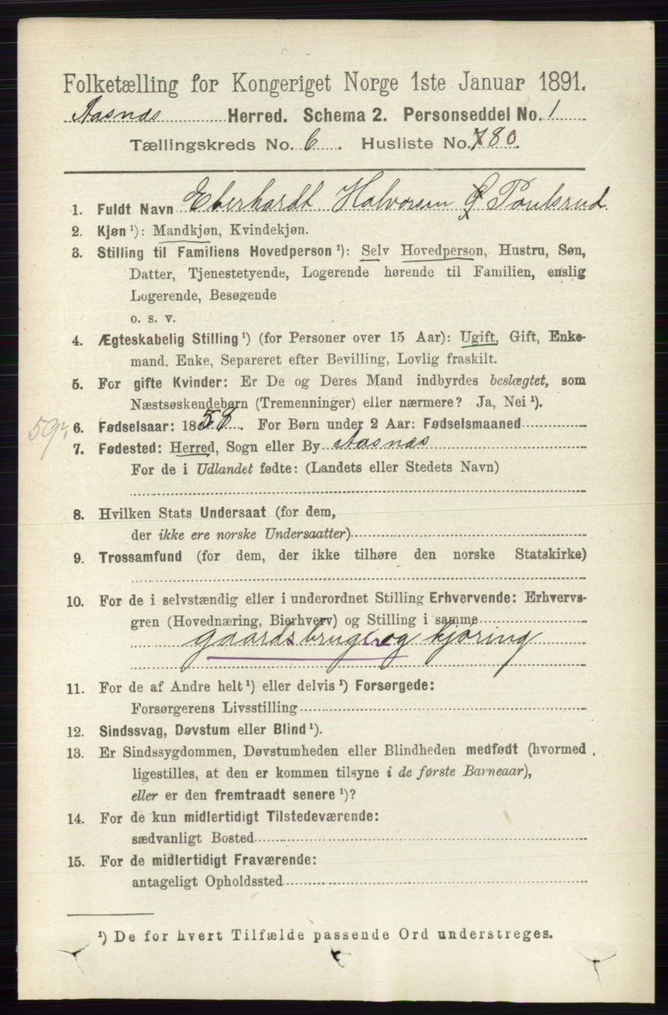 RA, 1891 census for 0425 Åsnes, 1891, p. 3230