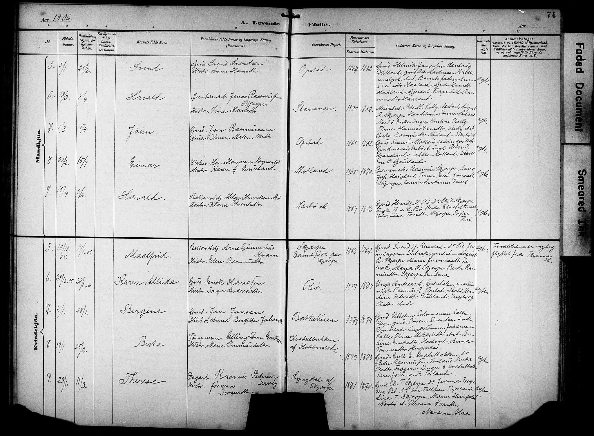 Hå sokneprestkontor, AV/SAST-A-101801/001/30BB/L0005: Parish register (copy) no. B 5, 1894-1912, p. 74