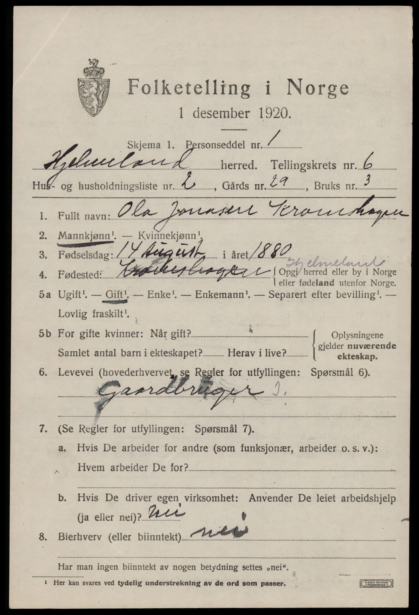 SAST, 1920 census for Hjelmeland, 1920, p. 2047