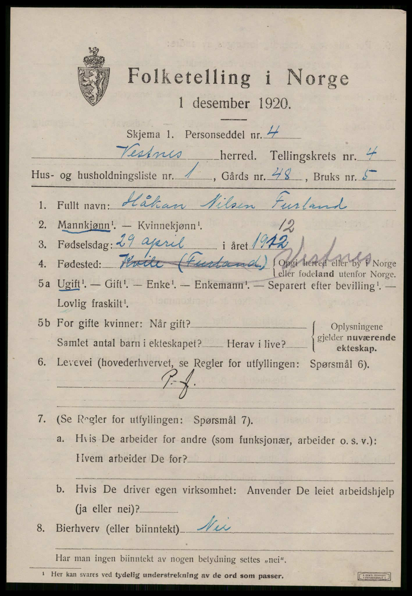 SAT, 1920 census for Vestnes, 1920, p. 3407