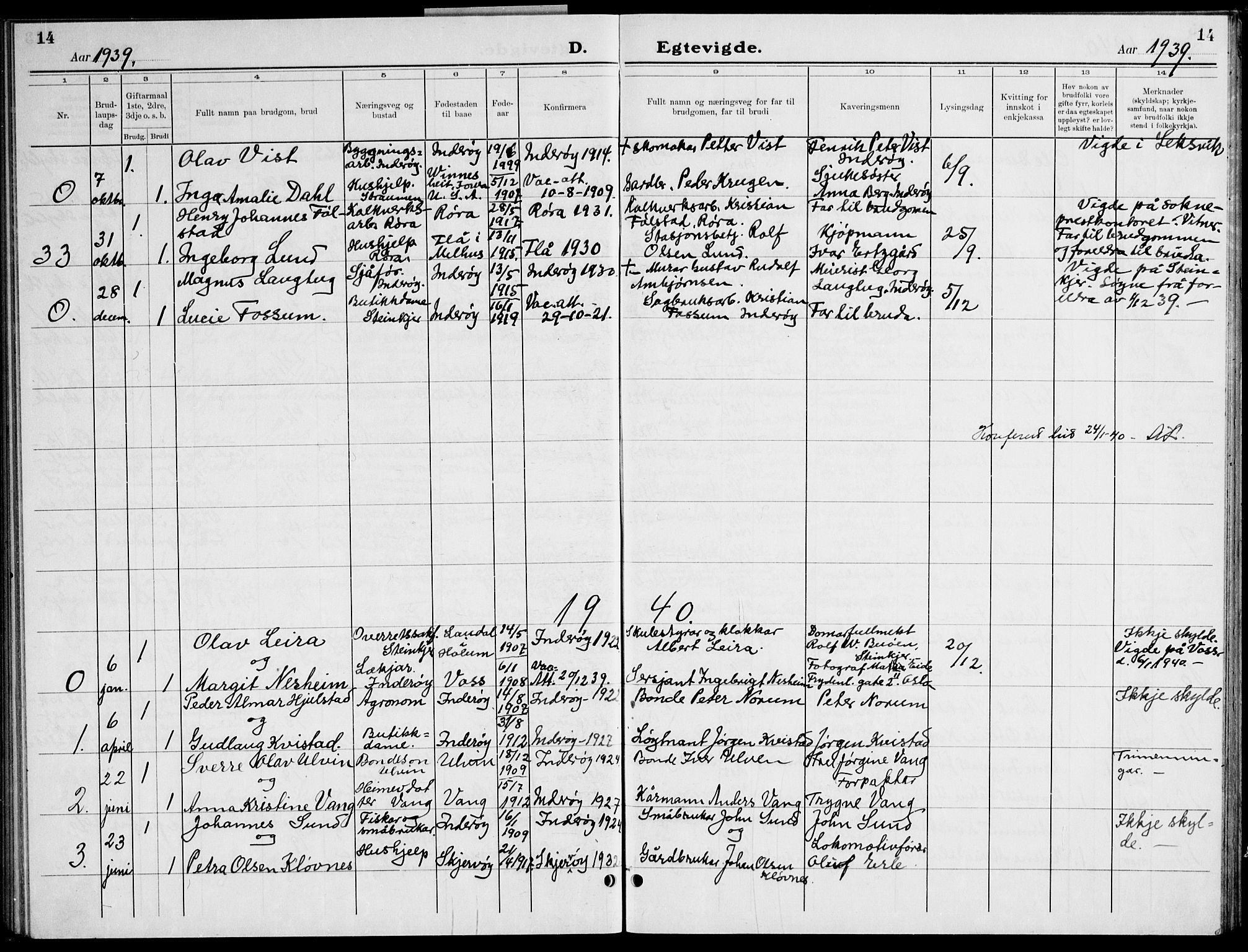 Ministerialprotokoller, klokkerbøker og fødselsregistre - Nord-Trøndelag, SAT/A-1458/730/L0304: Parish register (copy) no. 730C07, 1934-1945, p. 14