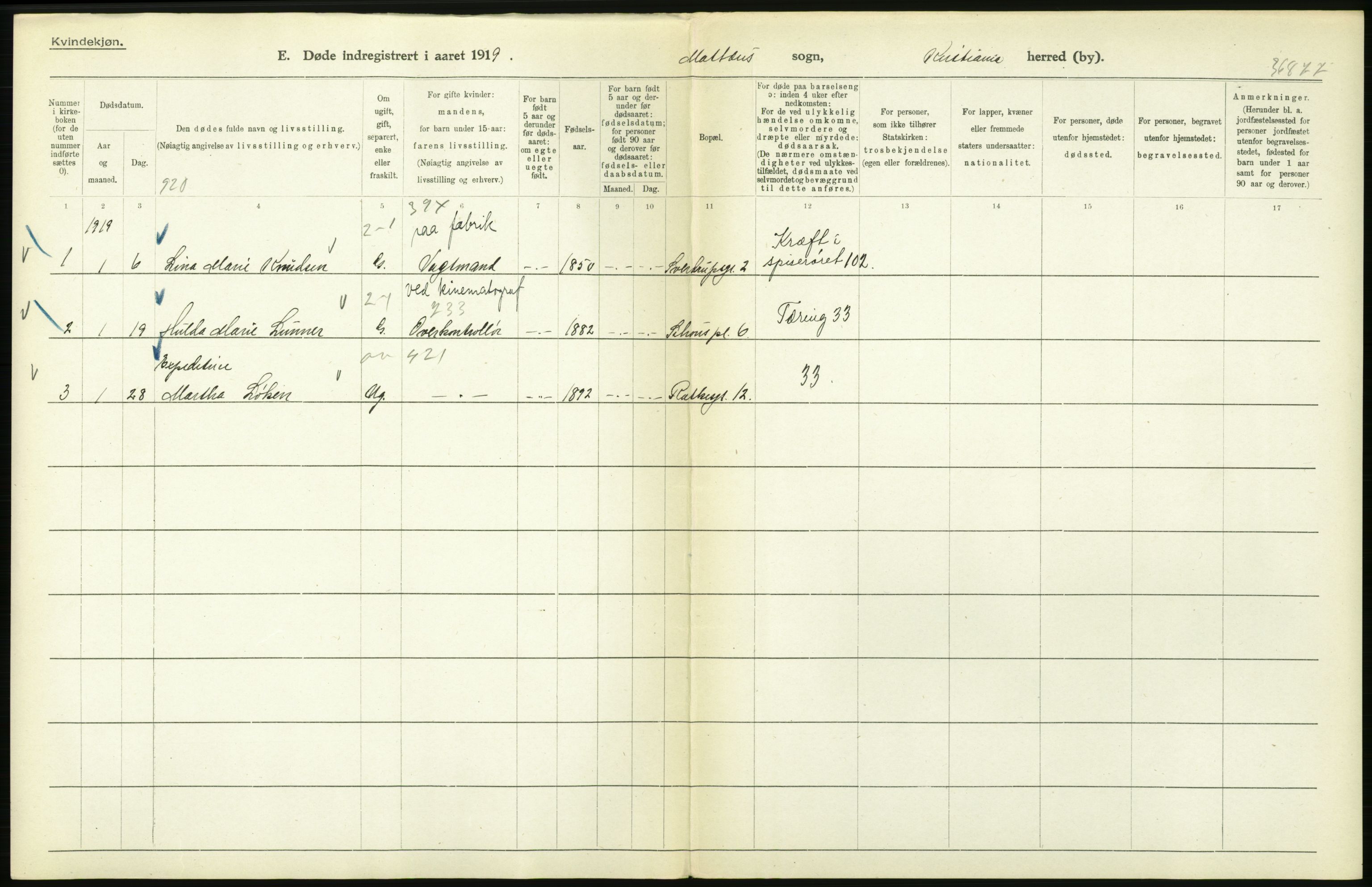 Statistisk sentralbyrå, Sosiodemografiske emner, Befolkning, RA/S-2228/D/Df/Dfb/Dfbi/L0010: Kristiania: Døde, 1919, p. 682