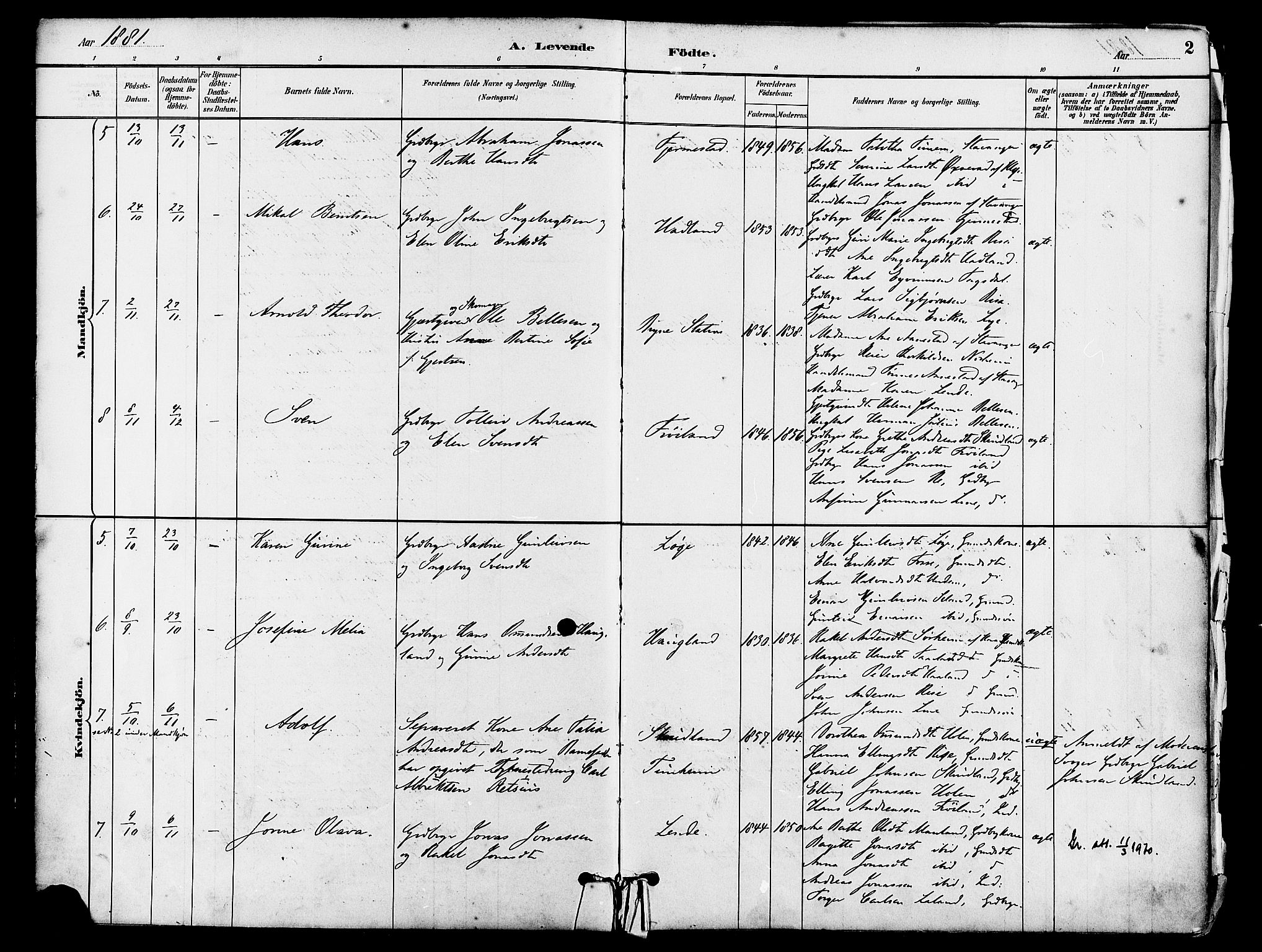 Lye sokneprestkontor, AV/SAST-A-101794/001/30BA/L0009: Parish register (official) no. A 8, 1881-1892, p. 2