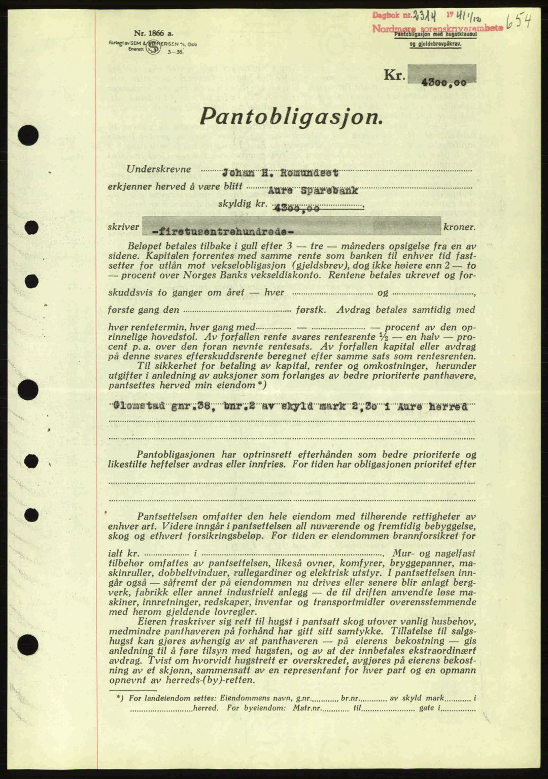 Nordmøre sorenskriveri, AV/SAT-A-4132/1/2/2Ca: Mortgage book no. B88, 1941-1942, Diary no: : 2314/1941