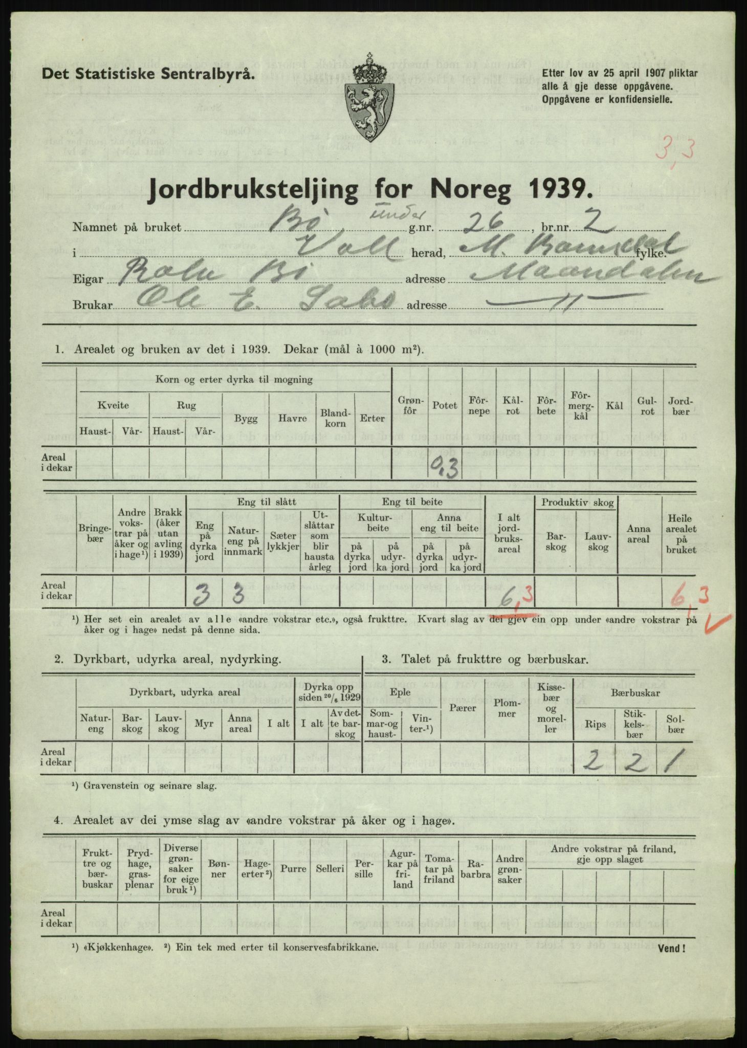 Statistisk sentralbyrå, Næringsøkonomiske emner, Jordbruk, skogbruk, jakt, fiske og fangst, AV/RA-S-2234/G/Gb/L0251: Møre og Romsdal: Voll, Eid, Grytten og Hen, 1939, p. 67