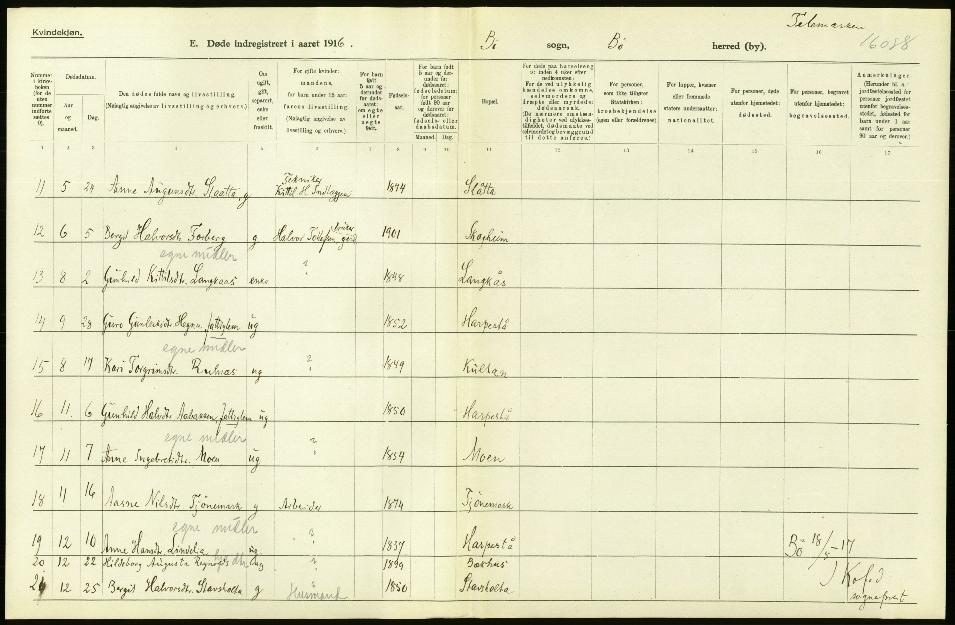 Statistisk sentralbyrå, Sosiodemografiske emner, Befolkning, RA/S-2228/D/Df/Dfb/Dfbf/L0024: Bratsberg amt: Døde, dødfødte. Bygder og byer., 1916, p. 276