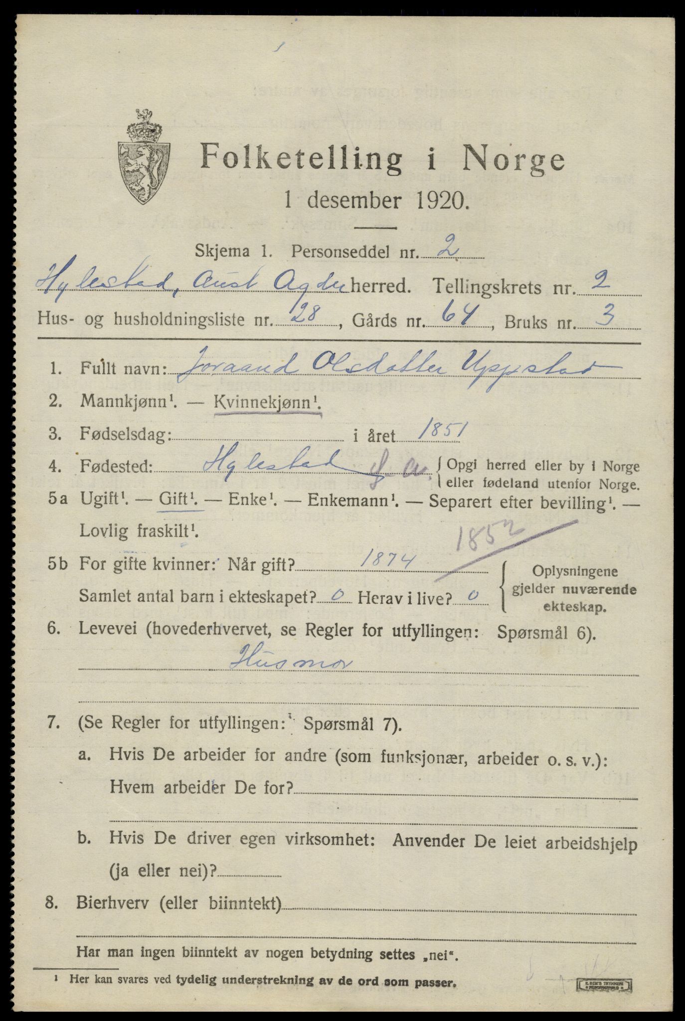 SAK, 1920 census for Hylestad, 1920, p. 760