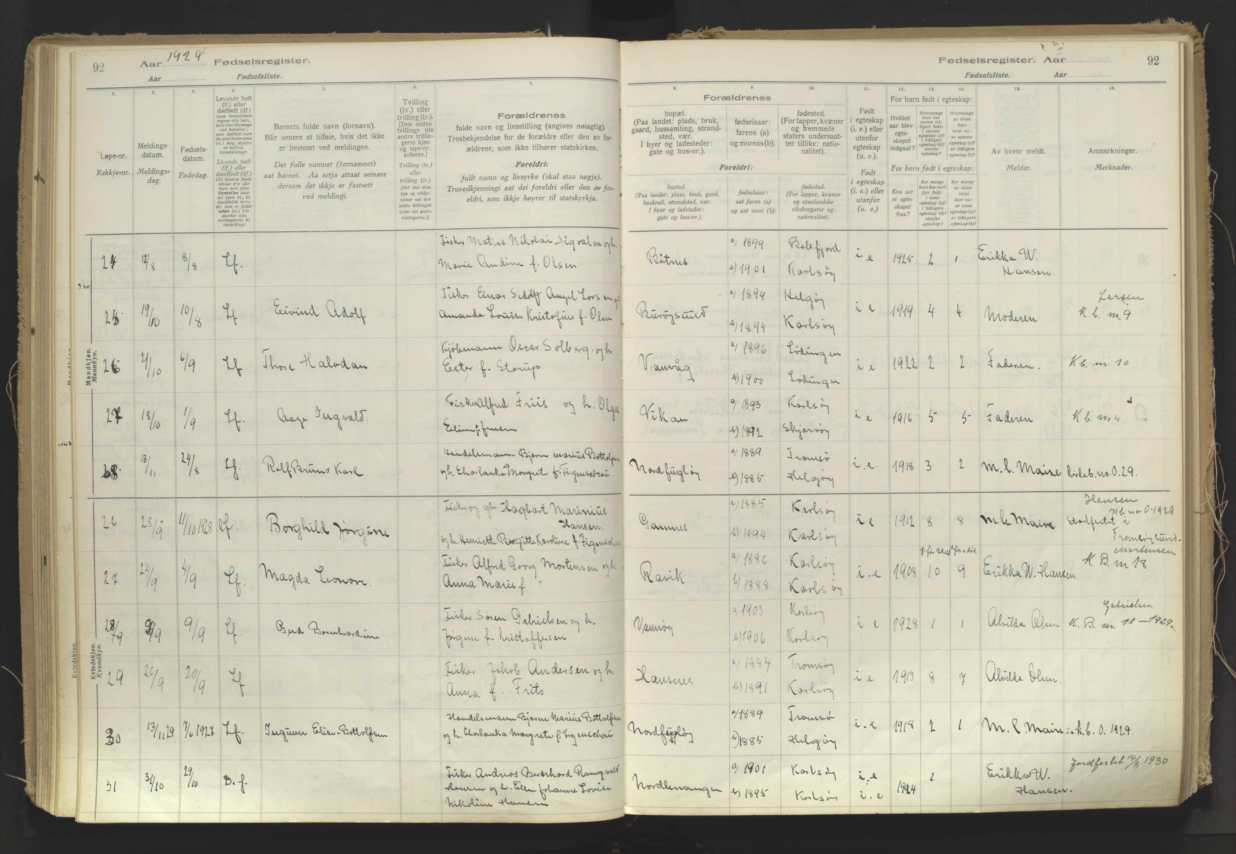 Karlsøy sokneprestembete, AV/SATØ-S-1299/I/Ic/L0064: Birth register no. 64, 1916-1943, p. 92