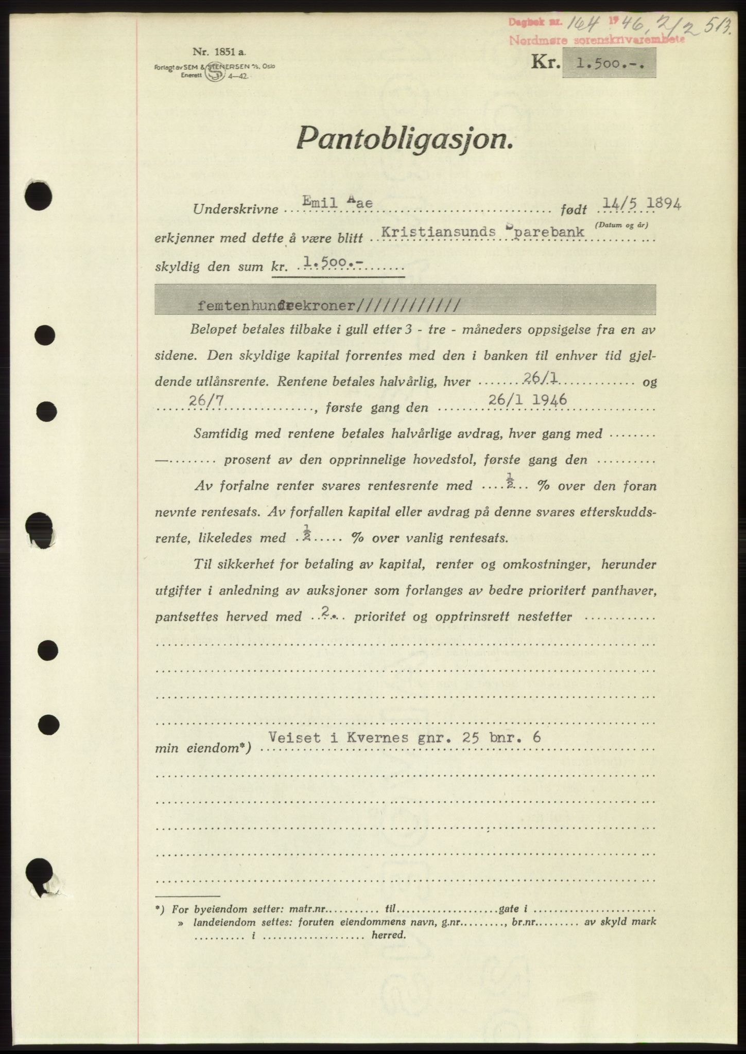 Nordmøre sorenskriveri, AV/SAT-A-4132/1/2/2Ca: Mortgage book no. B93b, 1946-1946, Diary no: : 164/1946