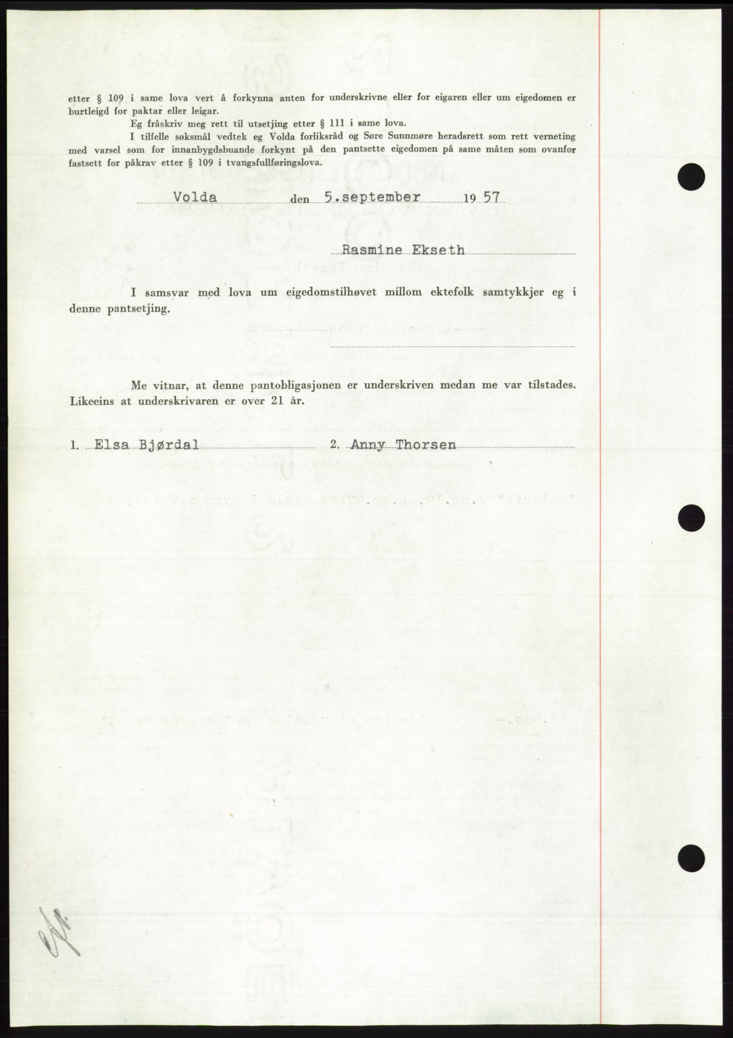 Søre Sunnmøre sorenskriveri, AV/SAT-A-4122/1/2/2C/L0130: Mortgage book no. 18B, 1957-1958, Diary no: : 2124/1957