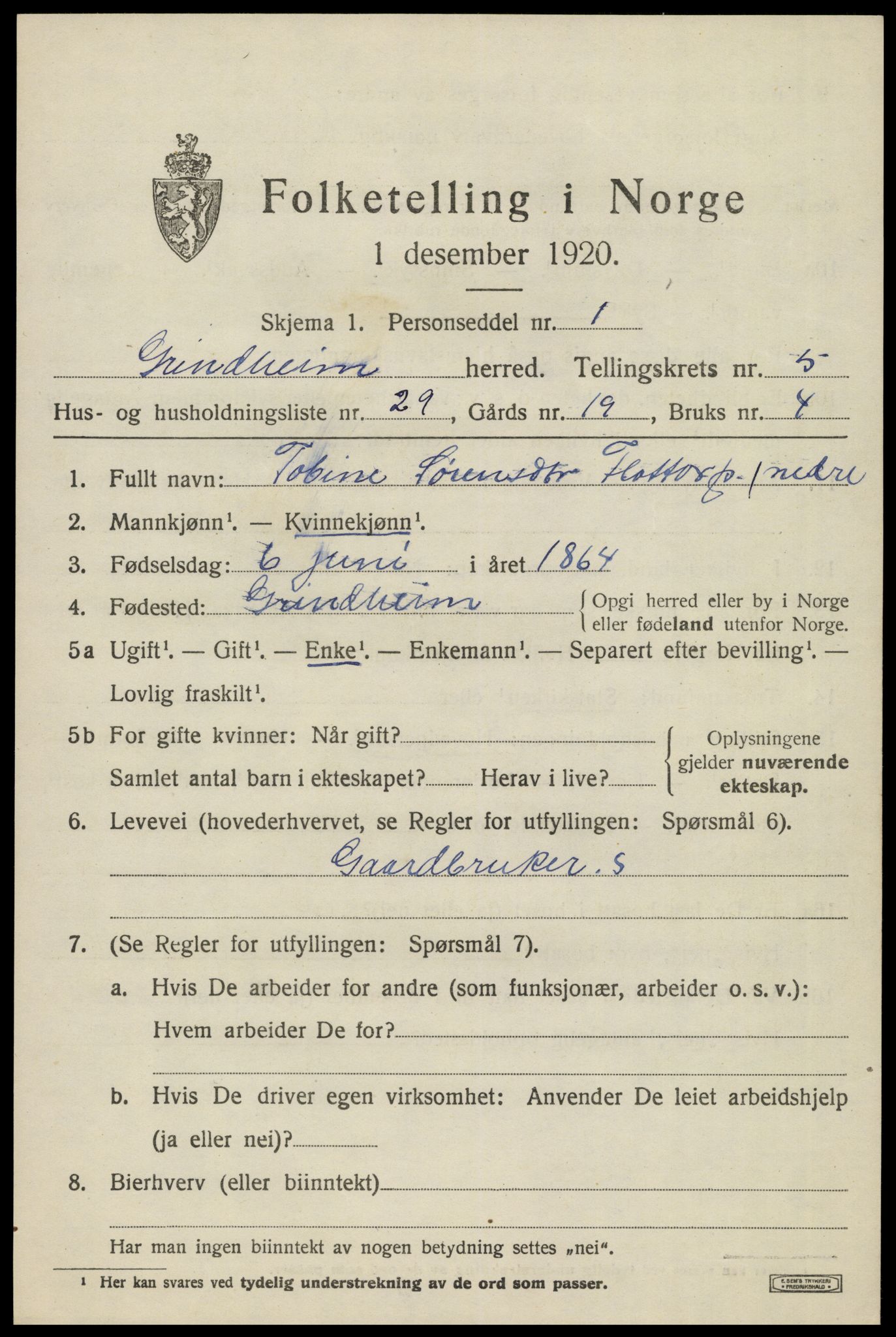 SAK, 1920 census for Grindheim, 1920, p. 1851