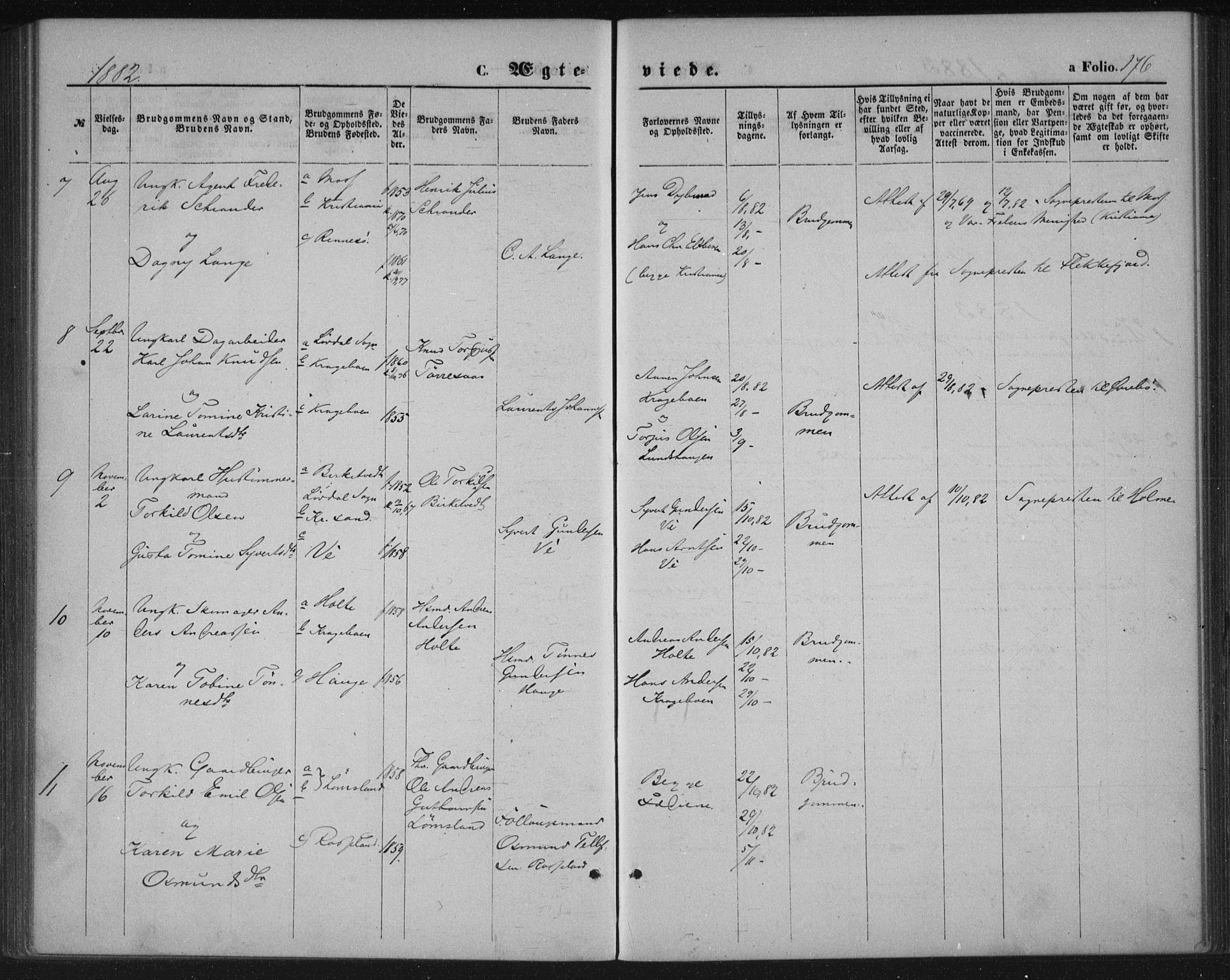 Tveit sokneprestkontor, AV/SAK-1111-0043/F/Fa/L0006: Parish register (official) no. A 6, 1872-1886, p. 176