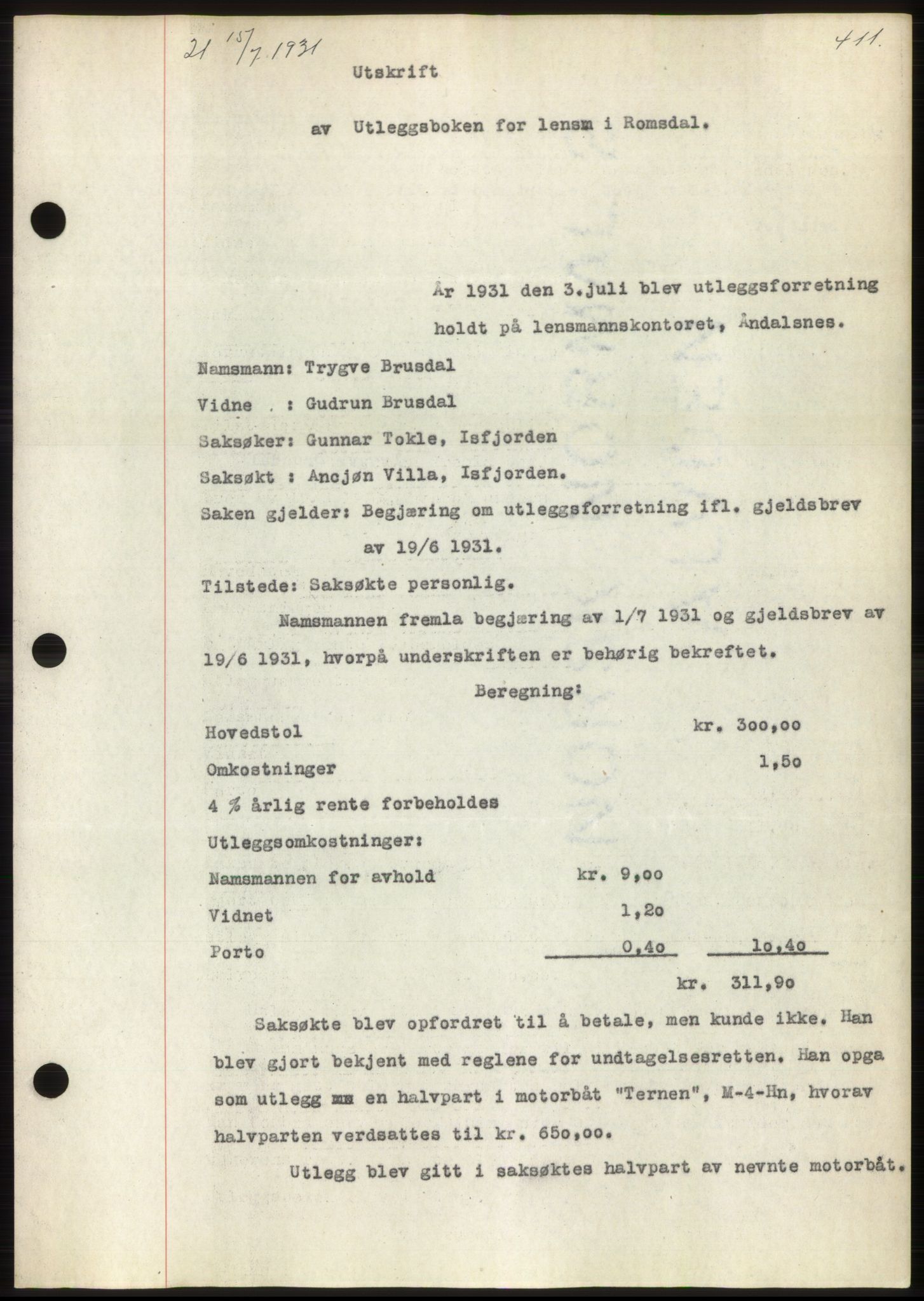 Romsdal sorenskriveri, AV/SAT-A-4149/1/2/2C/L0059: Mortgage book no. 53, 1931-1931, Deed date: 15.07.1931