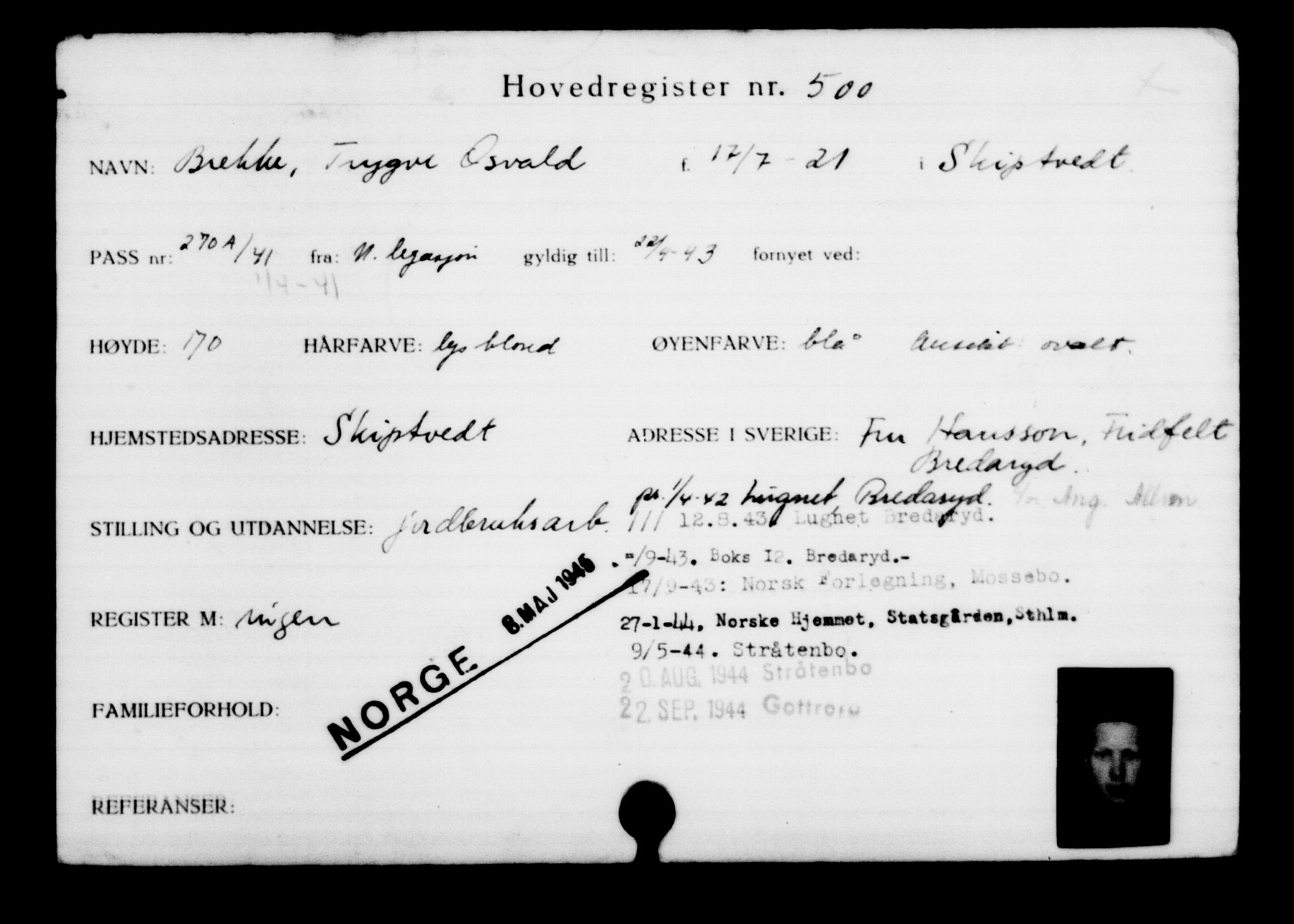 Utenriksstasjonene, Legasjonen i Stockholm, Flyktningkontoret, AV/RA-S-6753/V/Va/L0001: Kjesäterkartoteket, flyktninger med registreringsnr. 1-1000, 1940-1945, p. 769
