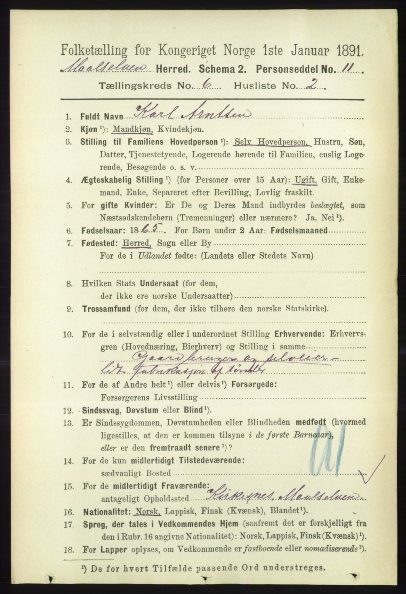 RA, 1891 census for 1924 Målselv, 1891, p. 2049