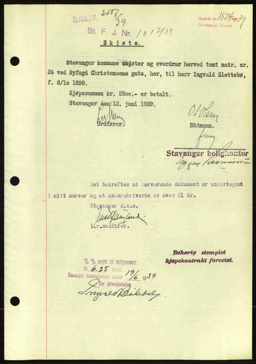 Stavanger byrett, SAST/A-100455/002/G/Gb/L0014: Mortgage book no. A4, 1938-1939, Diary no: : 1824/1939