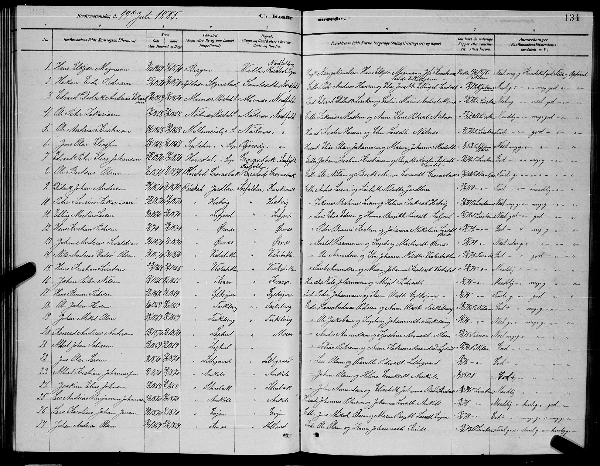 Ministerialprotokoller, klokkerbøker og fødselsregistre - Nordland, SAT/A-1459/853/L0776: Parish register (copy) no. 853C04, 1878-1889, p. 134