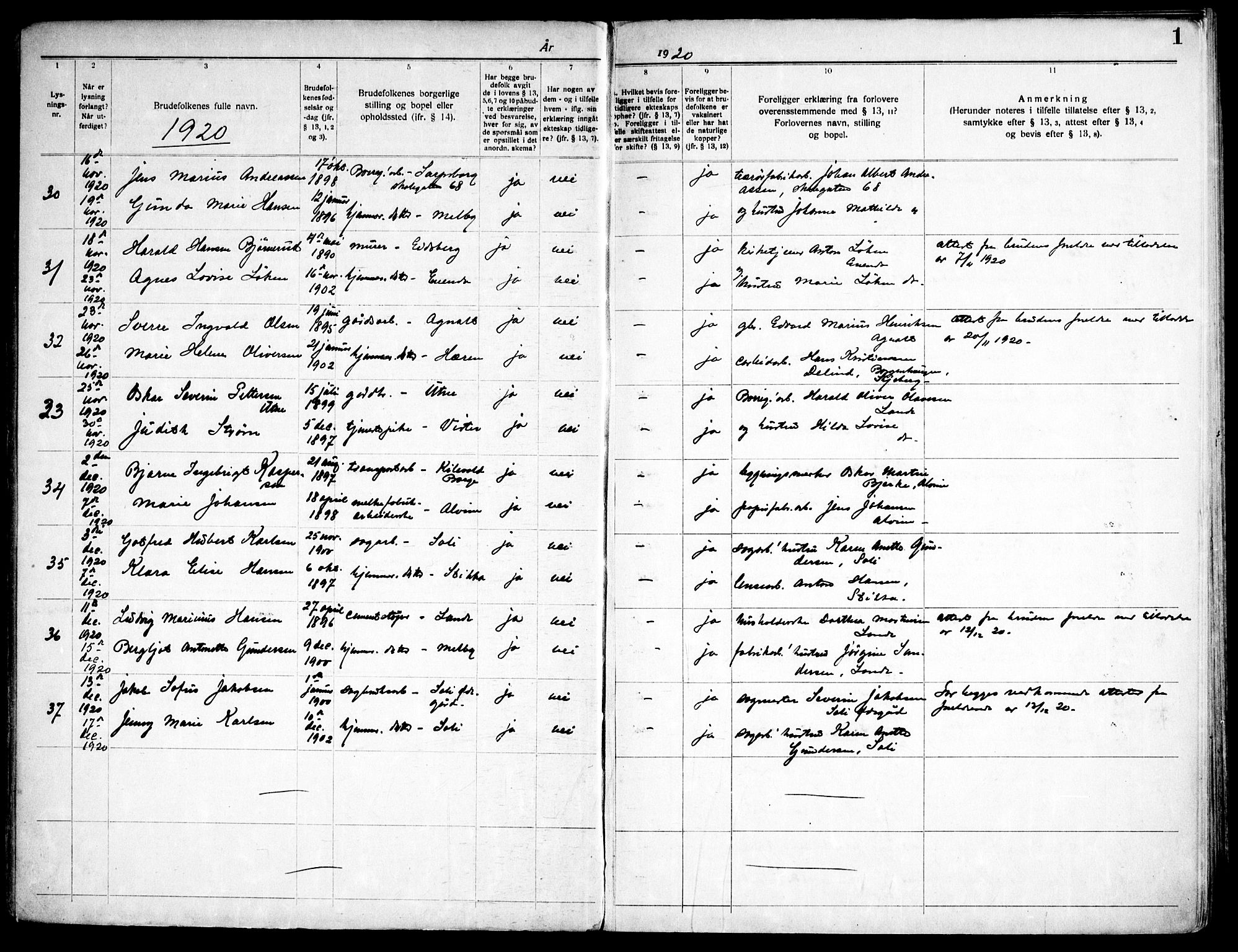 Tune prestekontor Kirkebøker, AV/SAO-A-2007/H/Ha/L0001: Banns register no. I 1, 1919-1946, p. 1