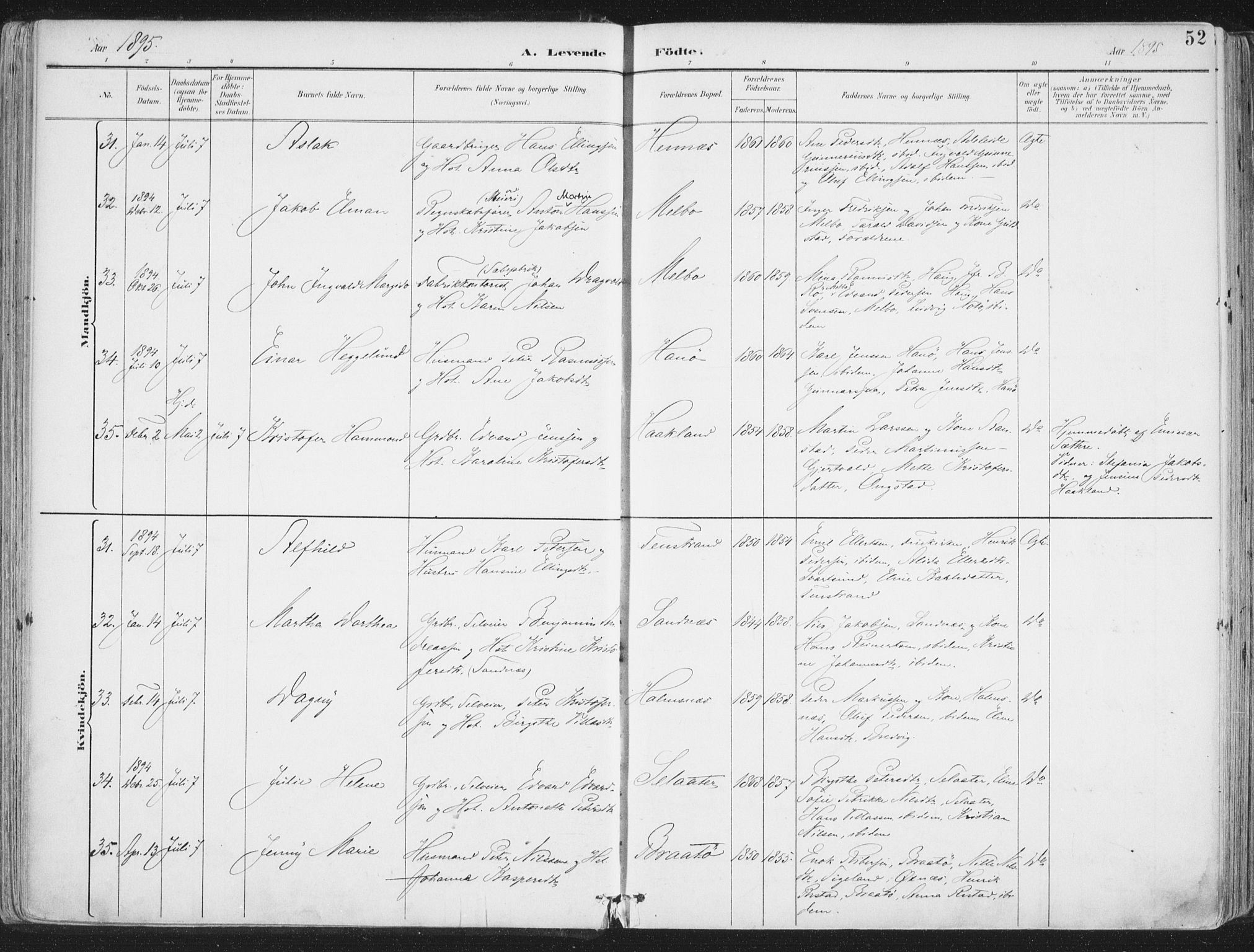 Ministerialprotokoller, klokkerbøker og fødselsregistre - Nordland, AV/SAT-A-1459/888/L1246: Parish register (official) no. 888A12, 1891-1903, p. 52