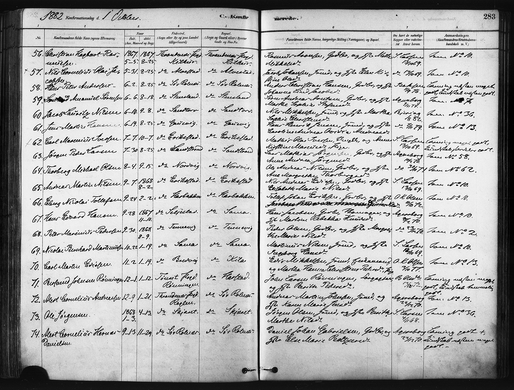 Trondenes sokneprestkontor, AV/SATØ-S-1319/H/Ha/L0014kirke: Parish register (official) no. 14, 1878-1889, p. 283