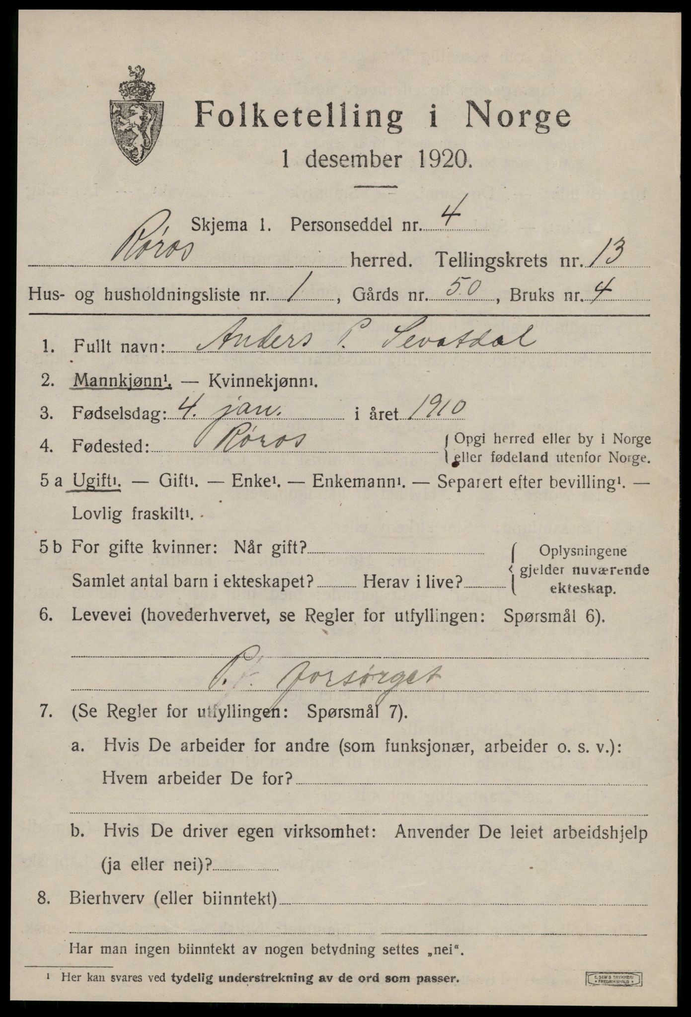 SAT, 1920 census for Røros, 1920, p. 9370