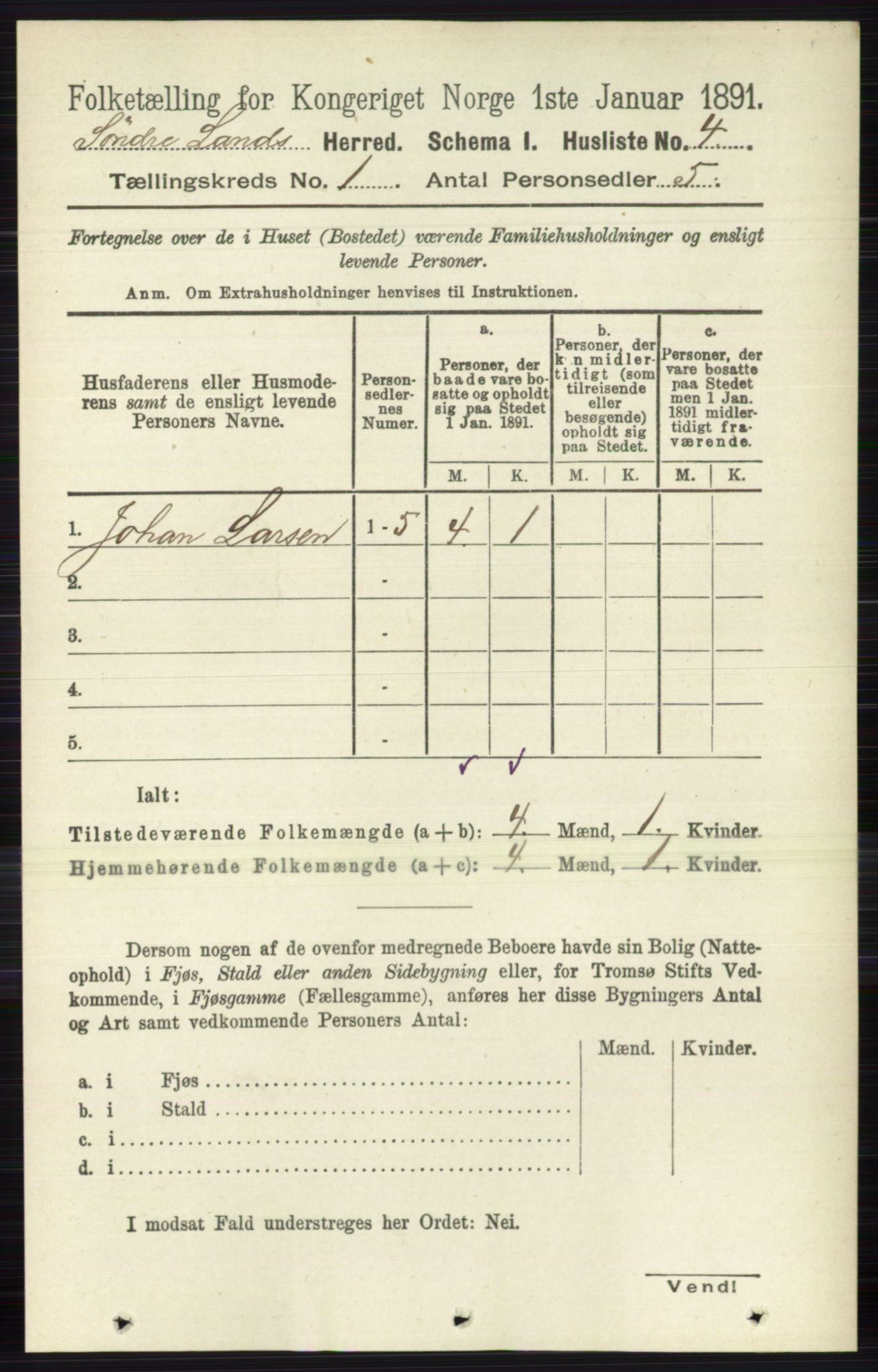 RA, 1891 census for 0536 Søndre Land, 1891, p. 29