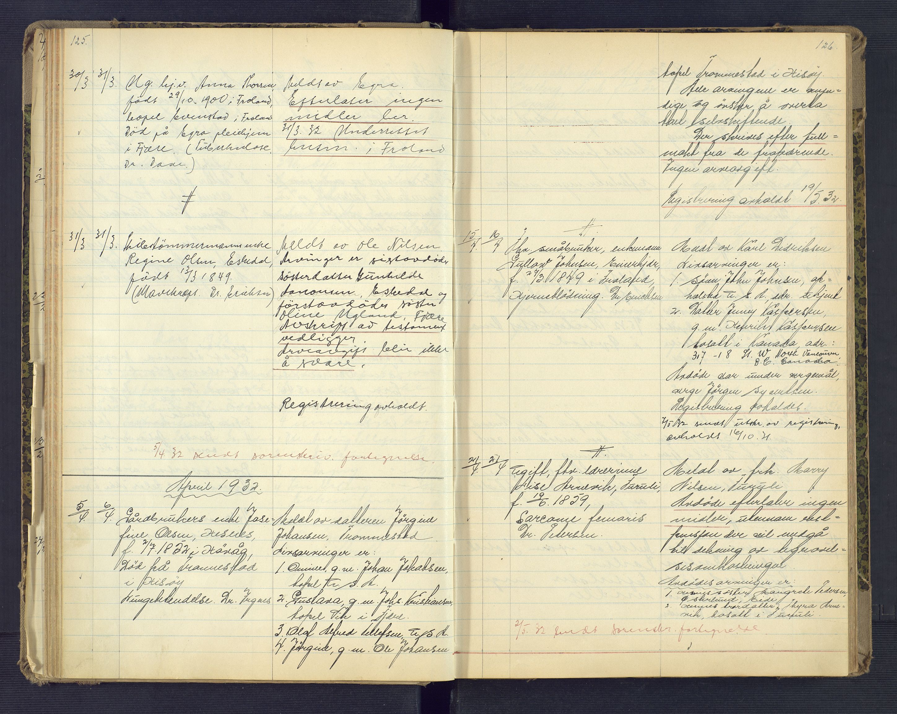 Landvik og Fjære lensmannskontor, AV/SAK-1241-0027/F/Fe/L0003: Anmeldte dødsfall nr 32, 1926-1935, p. 125-126