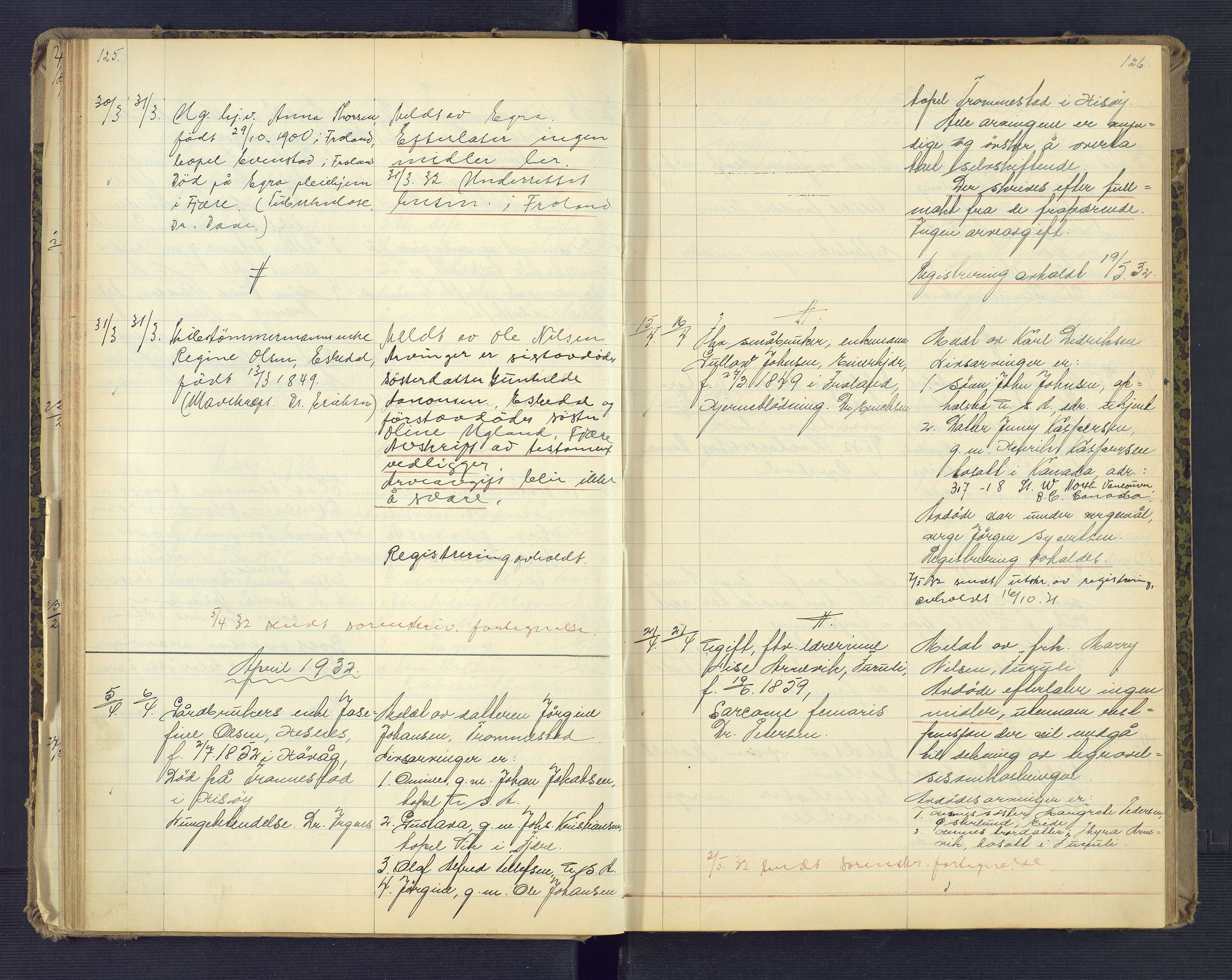 Landvik og Fjære lensmannskontor, SAK/1241-0027/F/Fe/L0003: Anmeldte dødsfall nr 32, 1926-1935, p. 125-126