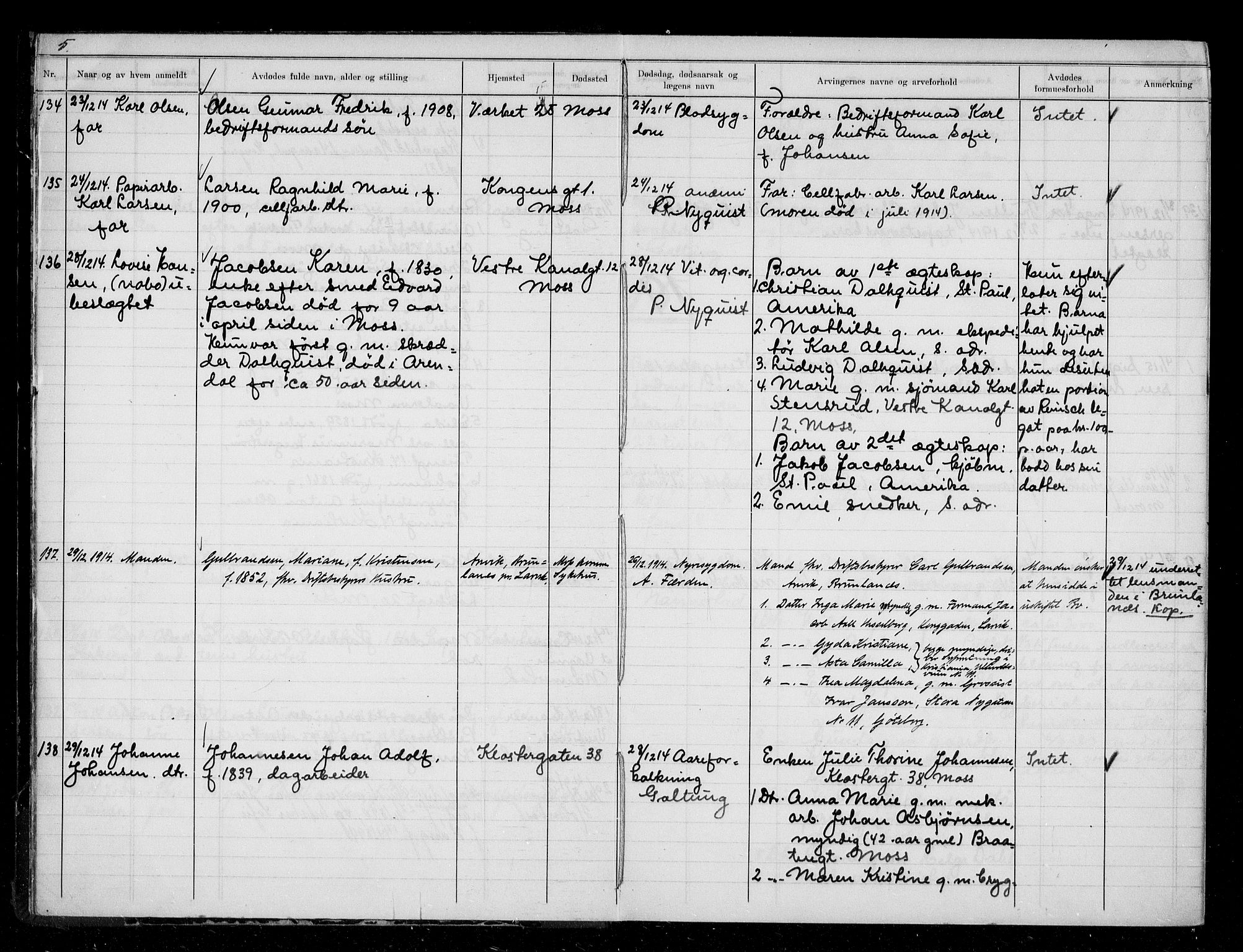 Moss byfogd, AV/SAO-A-10863/H/Ha/Hab/L0005: Dødsanmeldelsesprotokoll, 1914-1920, p. 5