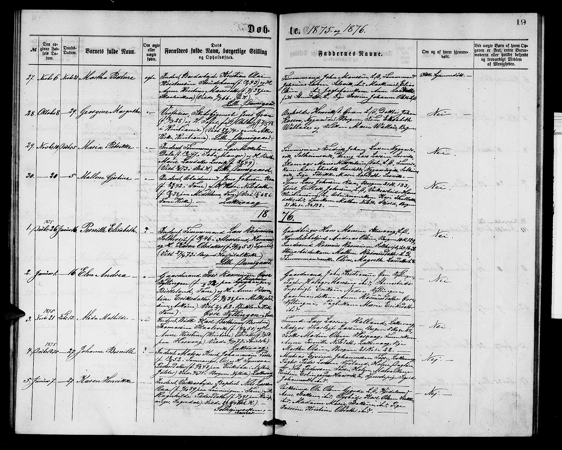 Laksevåg Sokneprestembete, SAB/A-76501/H/Ha/Hab/Haba/L0001: Parish register (copy) no. A 1, 1875-1877, p. 19