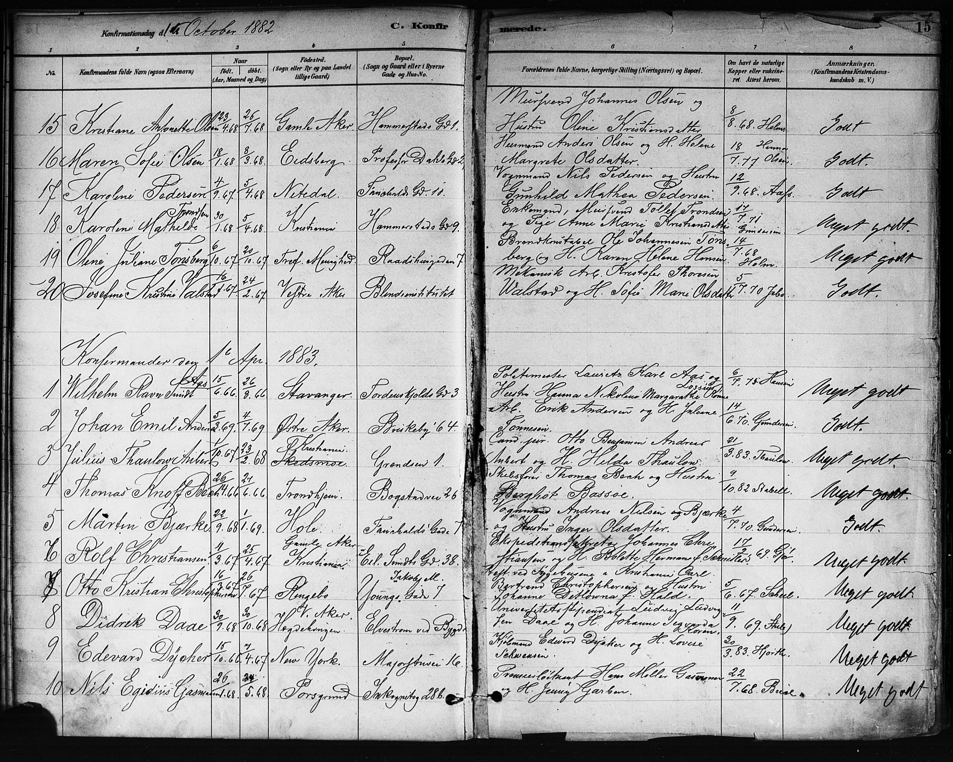 Uranienborg prestekontor Kirkebøker, AV/SAO-A-10877/F/Fa/L0002: Parish register (official) no. I 2, 1880-1896, p. 15