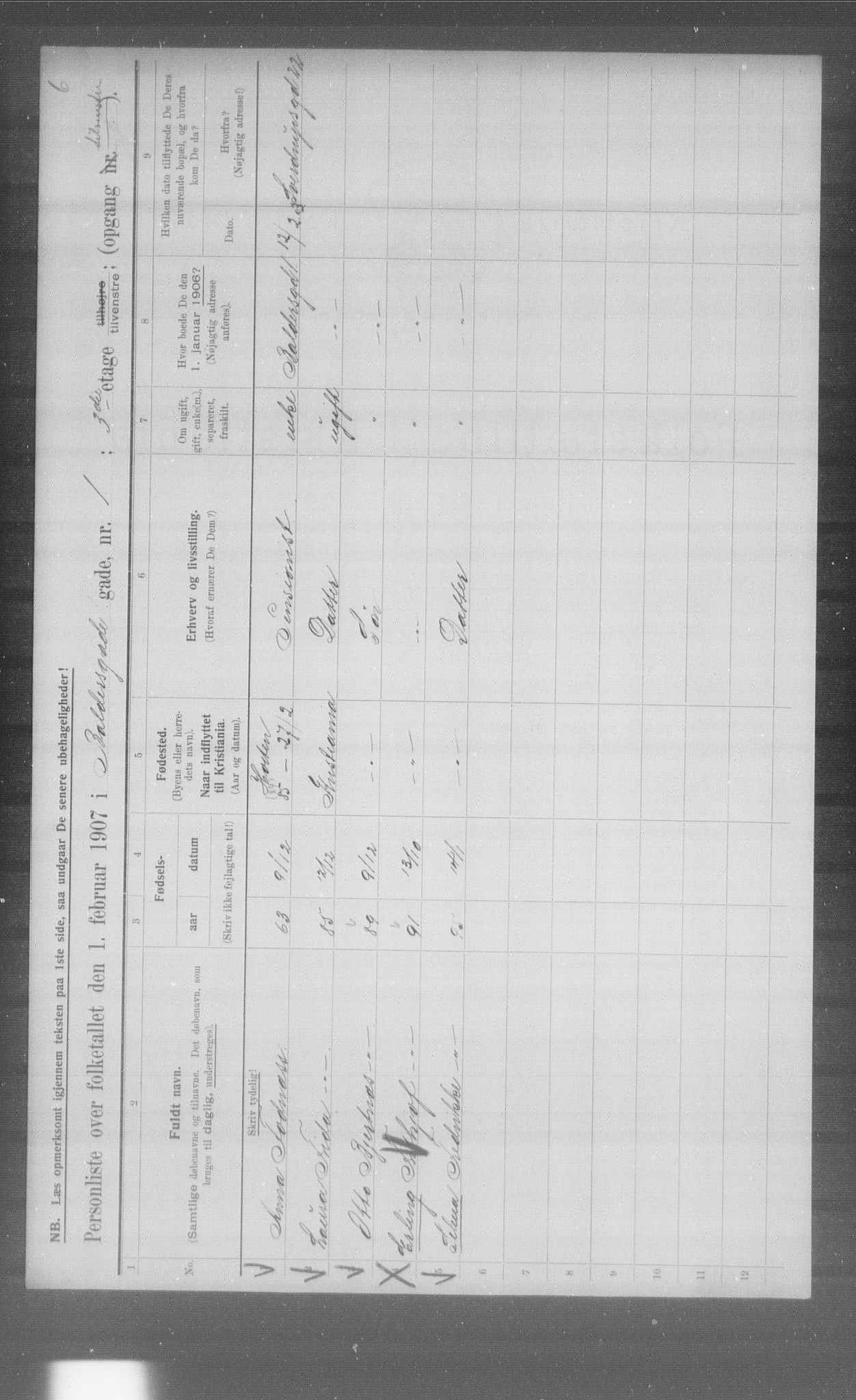 OBA, Municipal Census 1907 for Kristiania, 1907, p. 1634