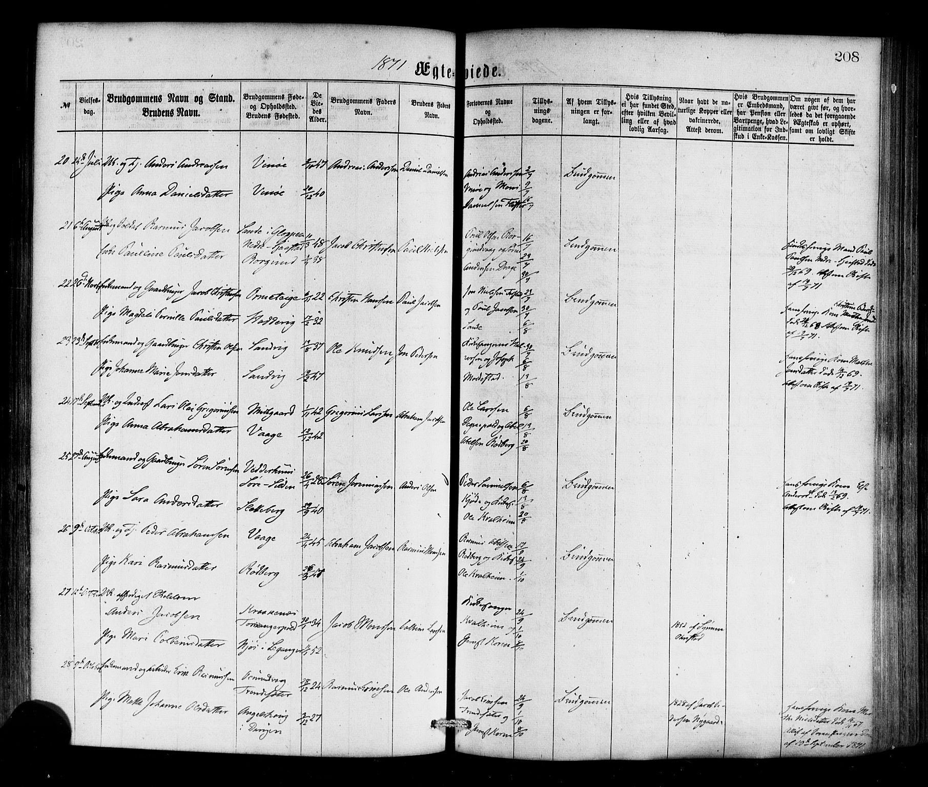 Selje sokneprestembete, SAB/A-99938/H/Ha/Haa/Haaa: Parish register (official) no. A 12, 1870-1880, p. 208